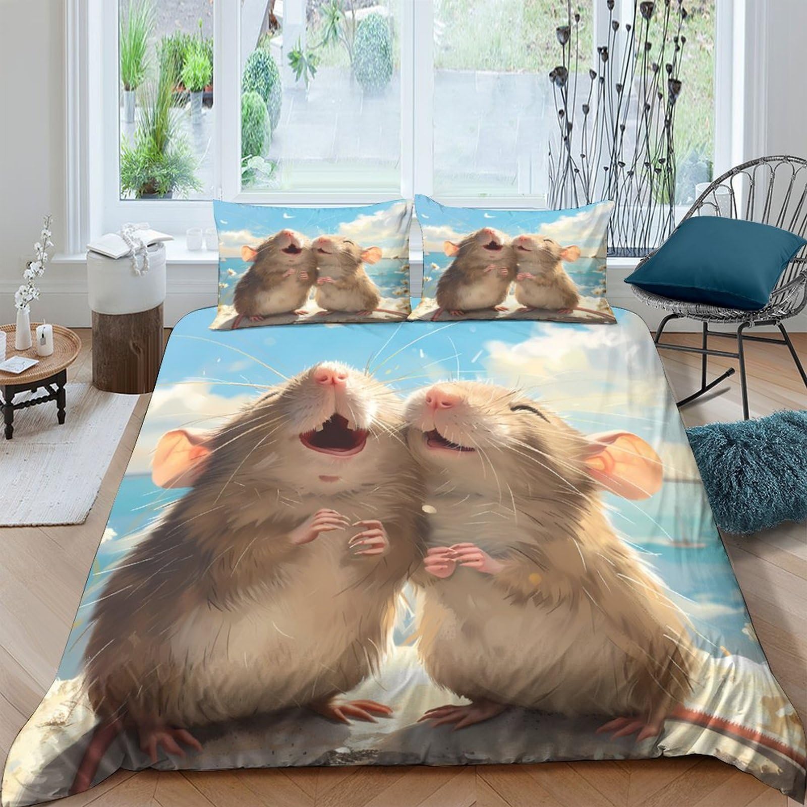 Ctjqhvkz Style-3 3D Printed Kissing Mice Fitted Sheet Microfiber Soft Cartoon Animal Bed Cover For Bedroom Dorm Mattress Decor Single（135X200cm）