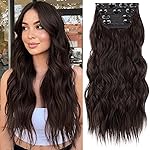 KooKaStyle Clip in Synthetic Hair Extensions Long Wavy 4PCS Thick Hairpieces Chocolate Brown 33Y Fiber Double Weft Natural Hair Extensions 20 Inch for Women