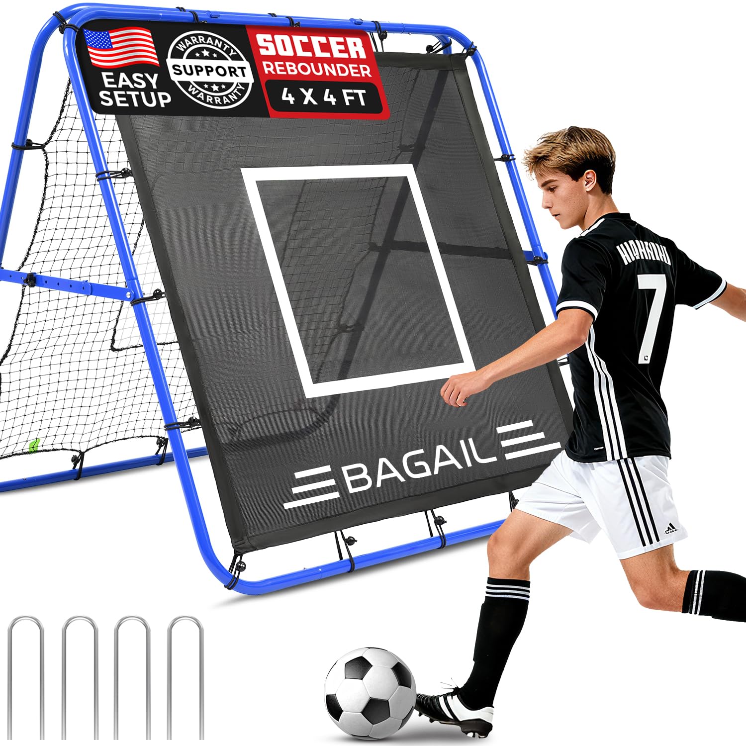 BAGAIL Double Sided Rebounder Net, Football Nets, Reforced Painted Poles, Adjustable Angles, Rebound Net with Target for Skills Training, Portable Football Goals for Garden, 120x120cm