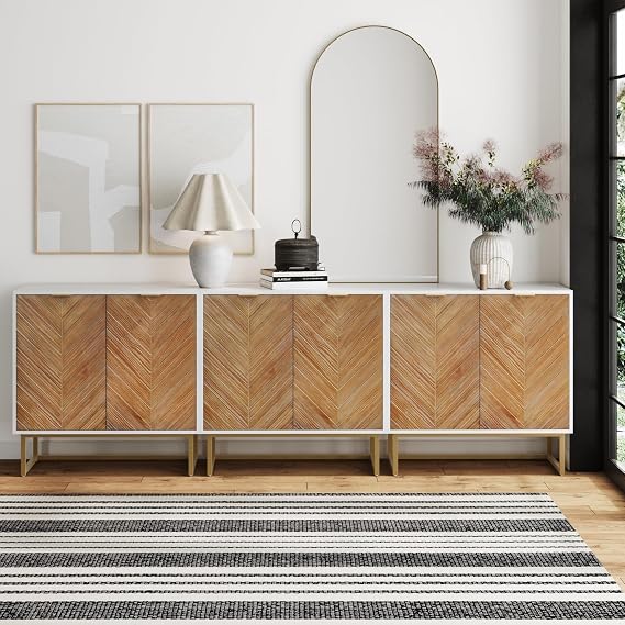 Nathan James Enloe Modern Storage Free Standing Accent Cabinet TV Stand with Doors in a Rustic Pine Wood Finish and Gold Metal Base for Hallway, Entryway or Living Room, Brown/White/Gold, Set of 3