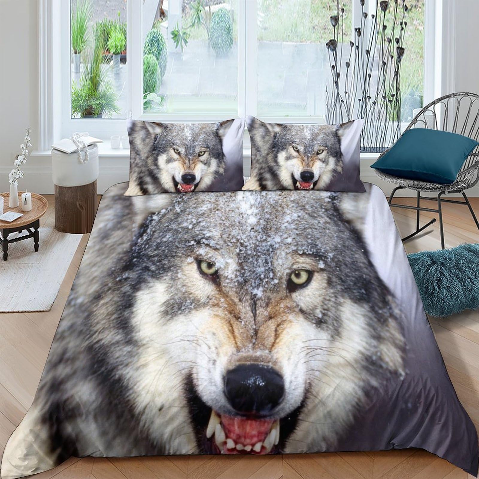 Housse de couette loup anti-plis en microfibre pour lit double 200x200 cm