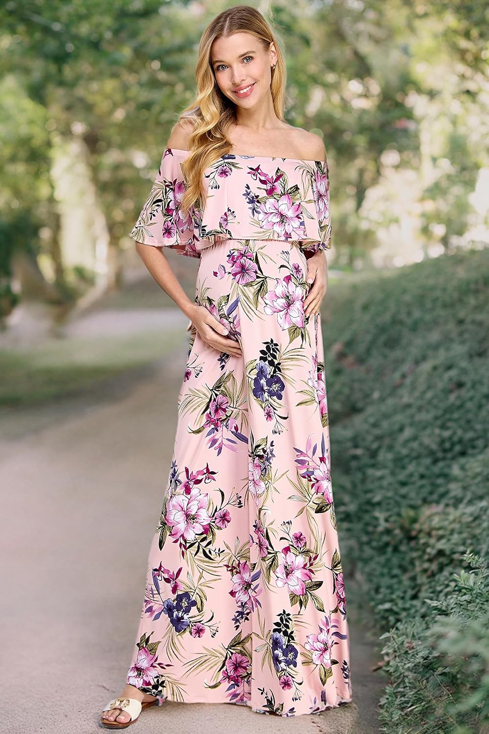Maternity Dress Off Shoulder Maxi Pregnant Women Baby Shower Photoshoot, Pink/Lavender Flower, X-Large
