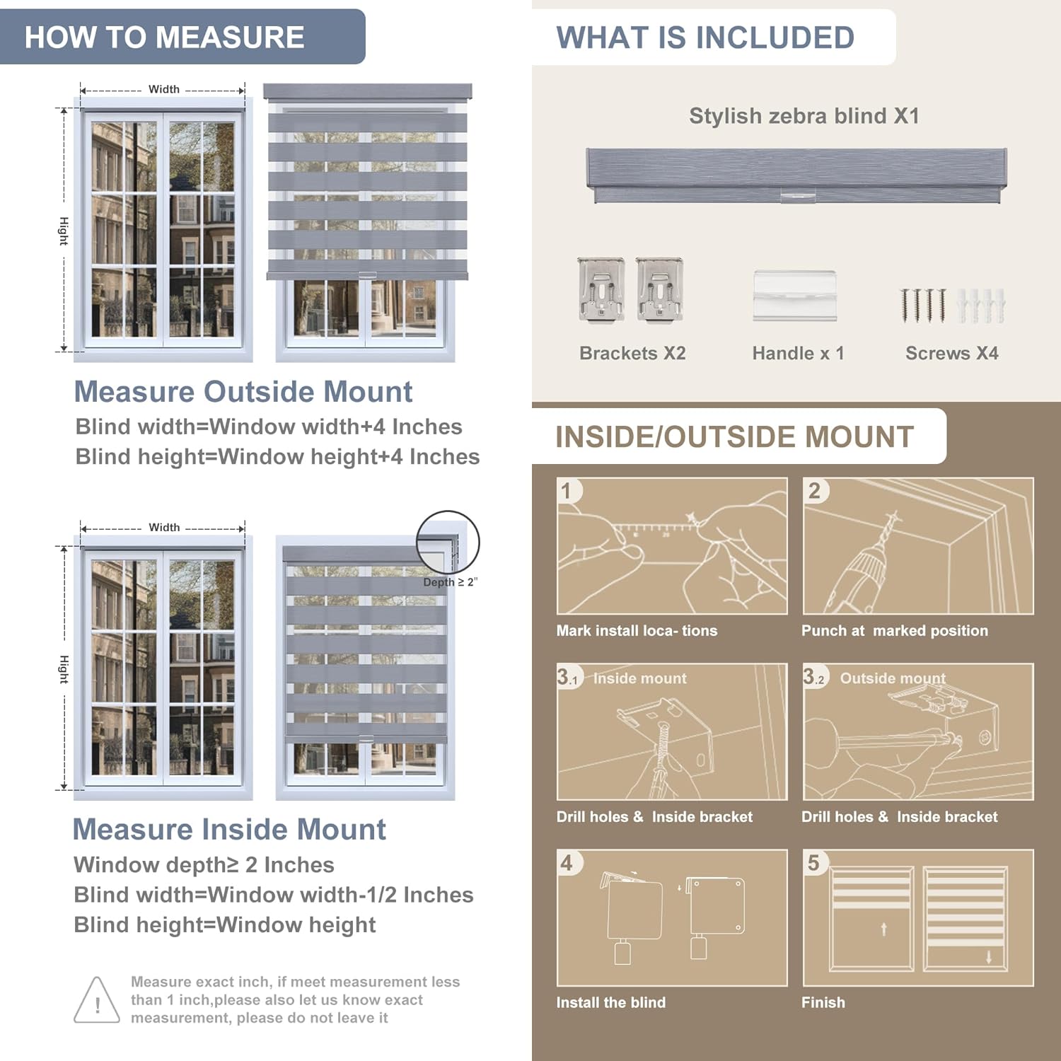 Diagram showing how to measure for inside and outside mount blinds, and included components.