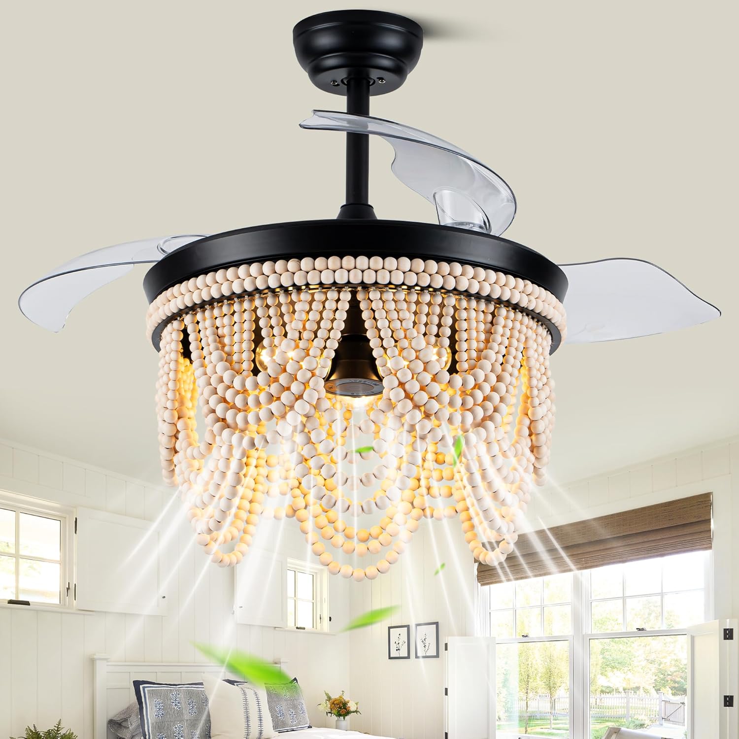 42 Inch Boho Retractable Ceiling Fan with Lights Boho Fandelier Ceiling Fan Wood Beaded Coastal Chandelier, 6 Speeds Reversible Quiet DC Motor 3 E26 for Bedroom Living Room