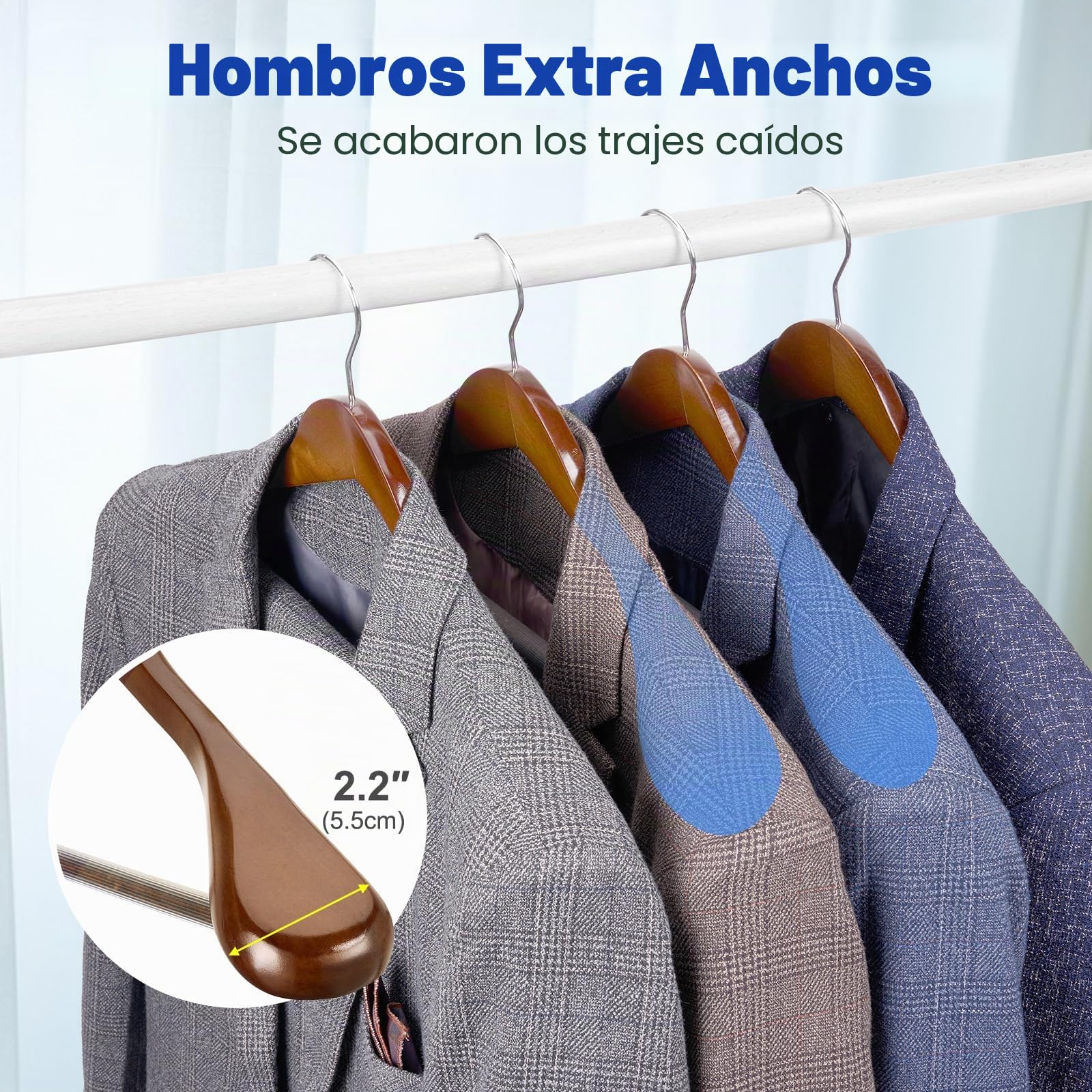 HOUSE DAY Perchas de madera con hombros anchos, perchas para trajes con barra antideslizante para pantalones, acabado suave, gancho giratorio de 360°, perchas de madera maciza para vestidos, chaquetas