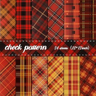24 Sheets Plaid Pattern Paper, 12"x12" Double-Sided Orange & Yellow Checkered Scrapbook Paper for Fall Crafts, Gift Wrapping, Journaling, Photo Albums