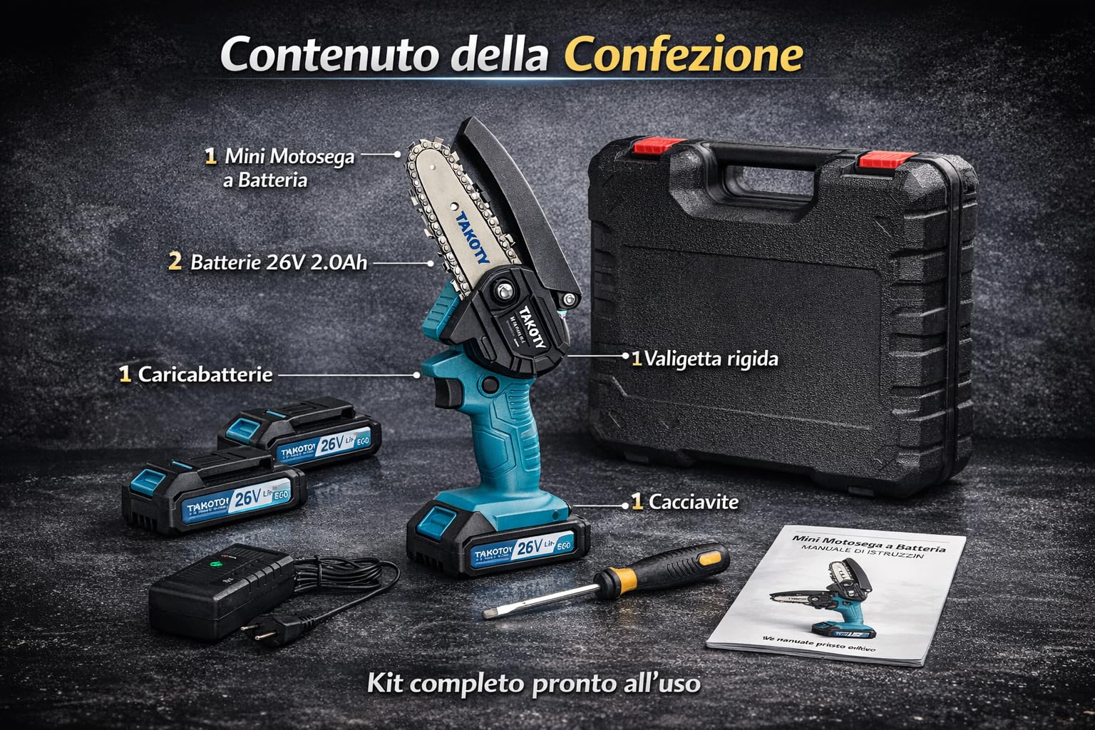 Mini Motosega a Batteria 4 Pollici per Potatura, Motosega Elettrica Portatile con 2 Batterie 26V 2.0Ah, Sega a Catena Compatta per Taglio Rami, Giardino e Alberi, Leggera e Facile da Usare