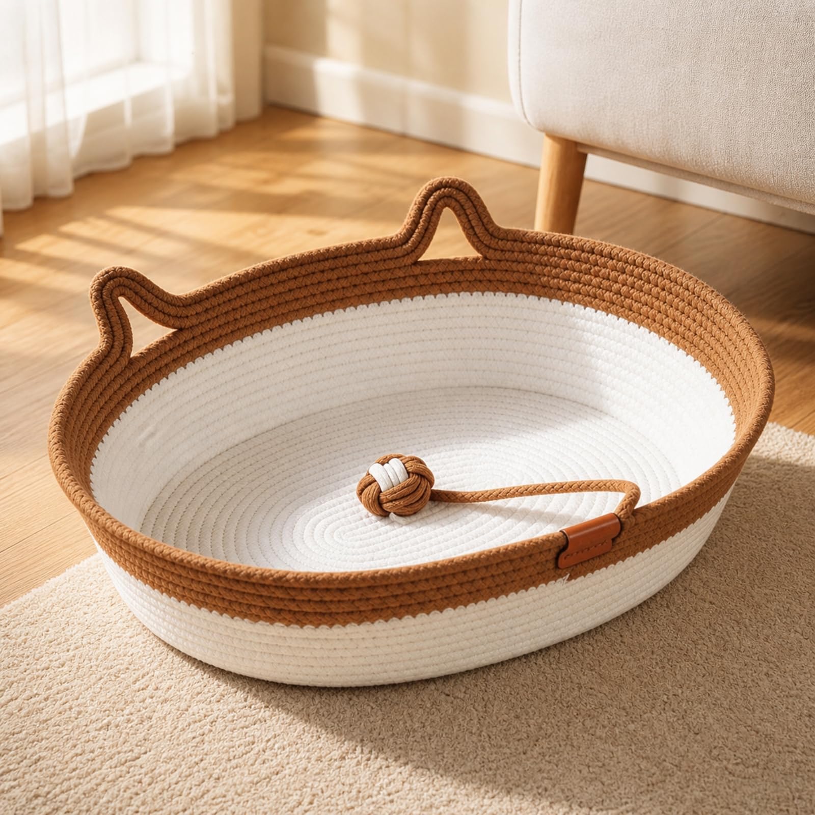 Cuccia Intrecciata per Gatti Comodo, 麻藤席窝-粉色, 特大号60 45cm | Morbido, Moderno, Letto per Gatti in Corda di Cotone, Soggiorno, Cuccioli