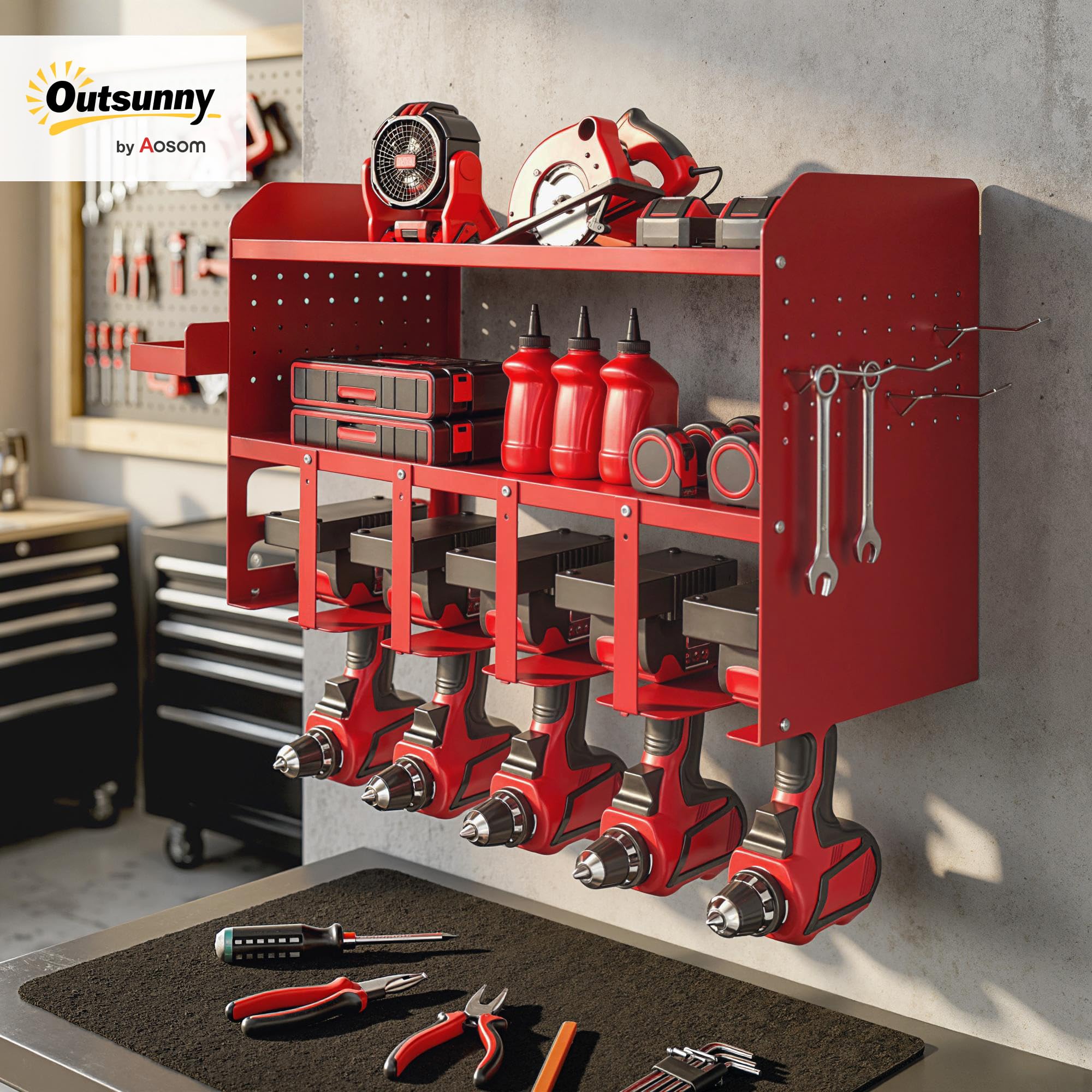 Outsunny Organisateur d'outils de Jardin électrique 2 Niveaux Rouge