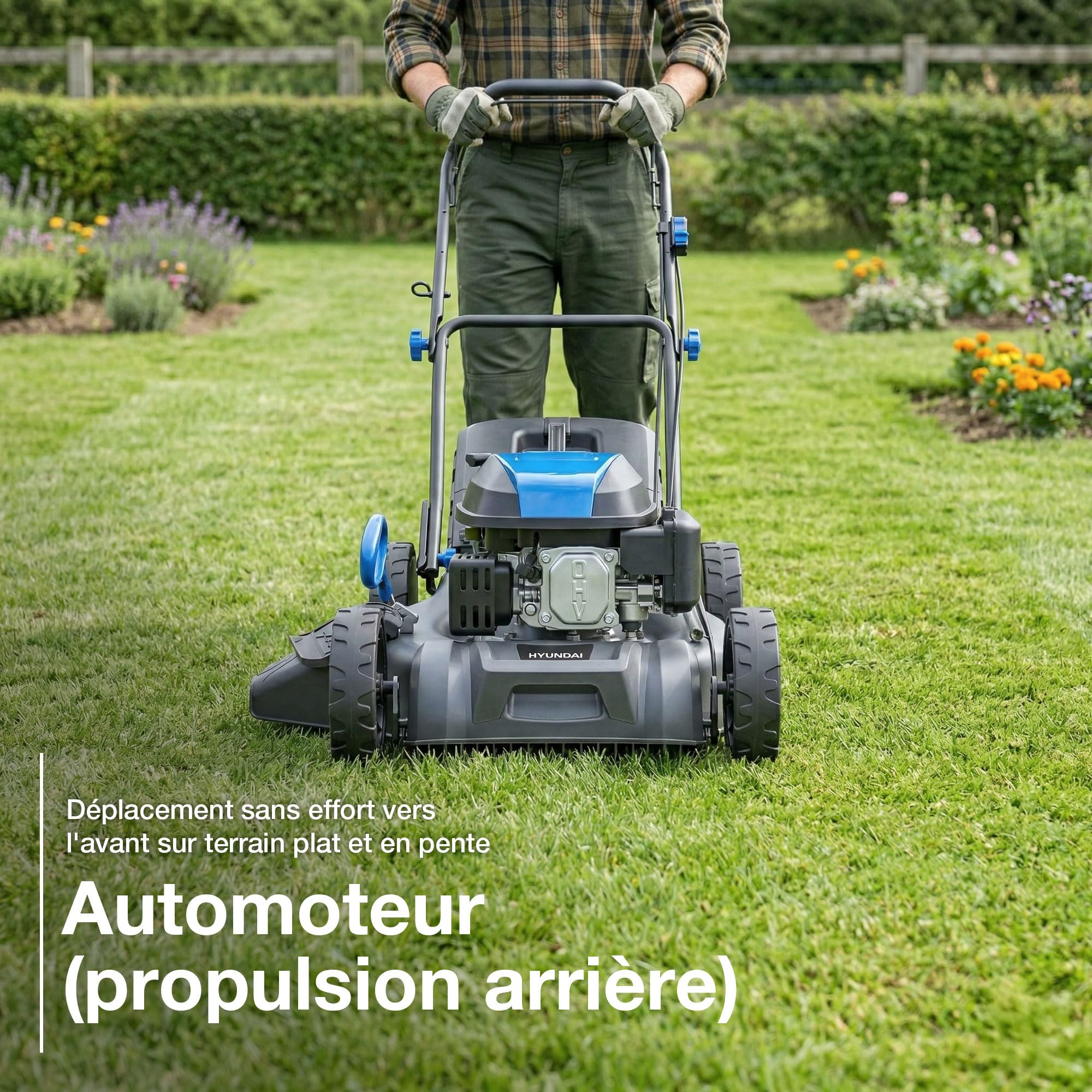 Hyundai Tondeuse à Gazon Thermique Autotractée Noire 51 cm, Moteur 196 cm3 5,5 CV 4 Temps, Bac 60 L, Coupe 4-en-1 Mulching, Garantie 3 Ans - HYM20200SPX