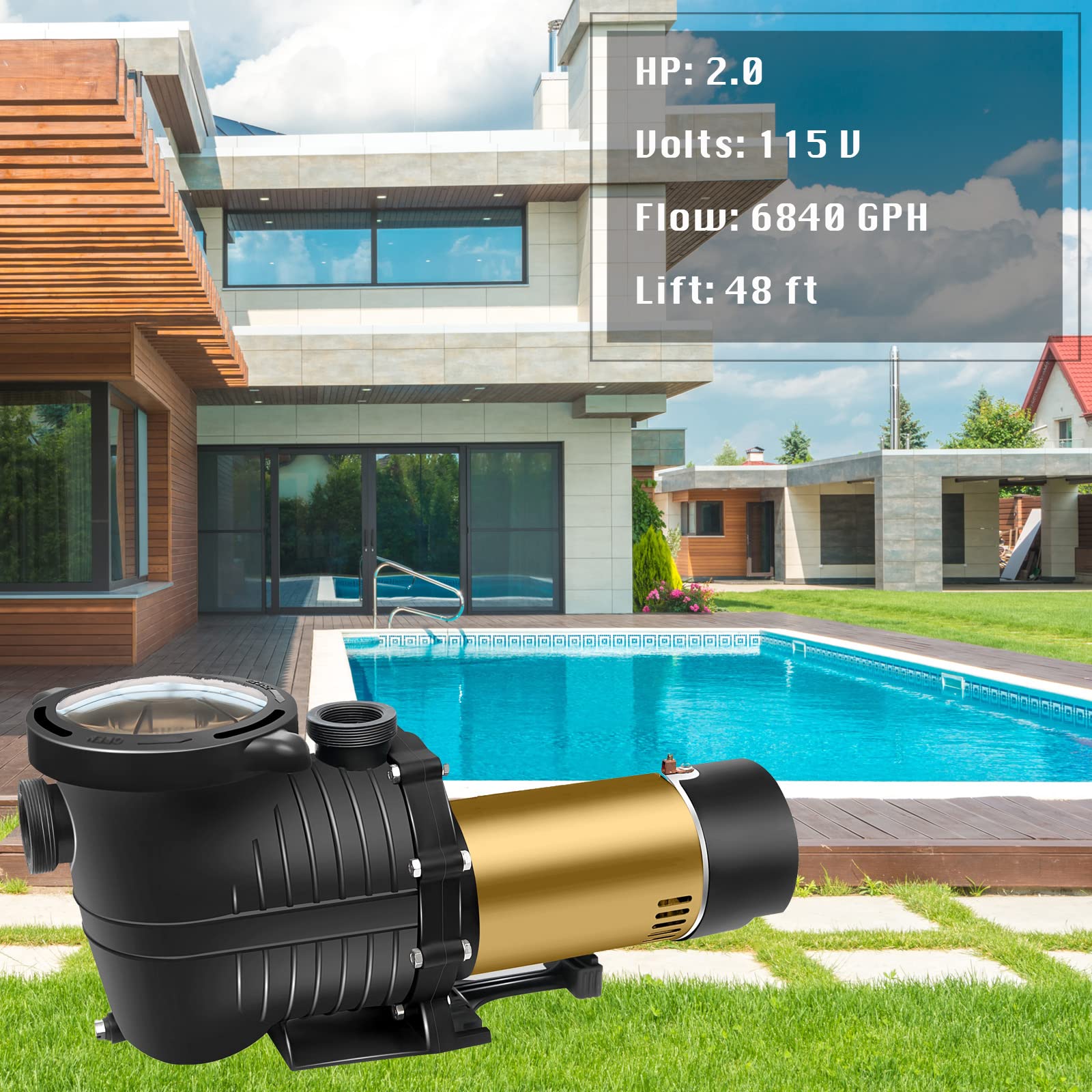 J15001-115 Bomba de piscina 2.0HP, bomba de piscina de 115 V en /sobre el suelo, bomba de motor de piscina con uniones NPT de 1.25 pulgadas y 1.5 pulgadas (5001 velocidad única 2.0HP-115V)