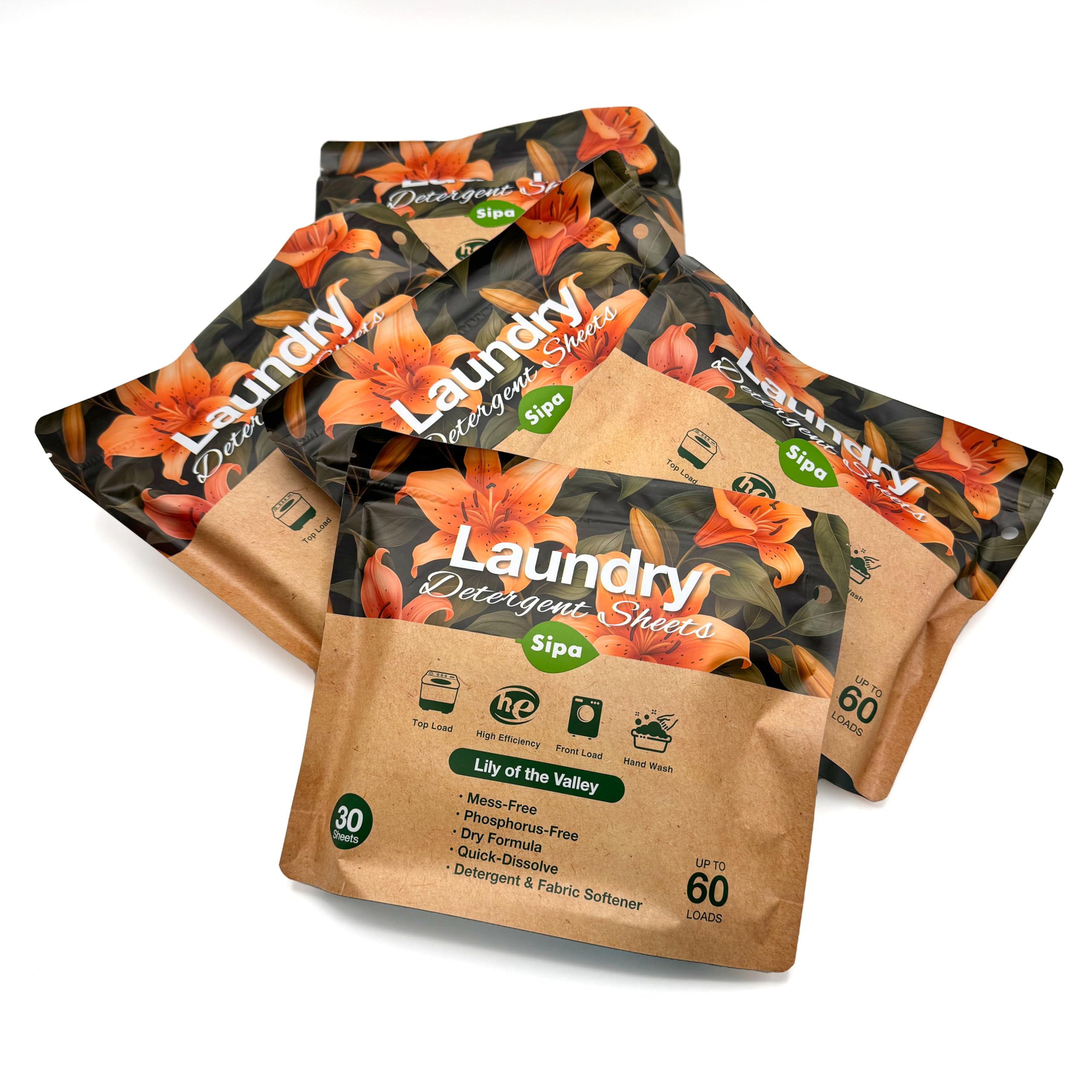 Pack of 5 SIPA Laundry Detergent Sheets Bag - 30 Sheets, Up to 60 Loads, Lily of the Valley Scent, Phosphorus-Free, High Efficiency, (30 Count (Pack of 5))