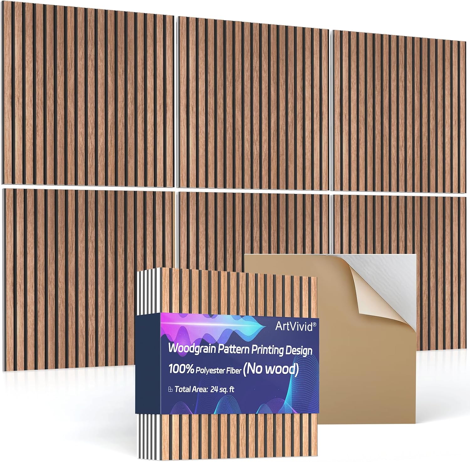 6Pack Acoustic Panels, Self-Adhesive Fluted Slat Sound Proof Panels for Walls, Decorative UV-Printed Imitation Wood Grain Fibreboard for Recording Studio, Home, 24×24×0.4", Traditional Walnut Color 24"×24"(6pcs) Traditional Walnut