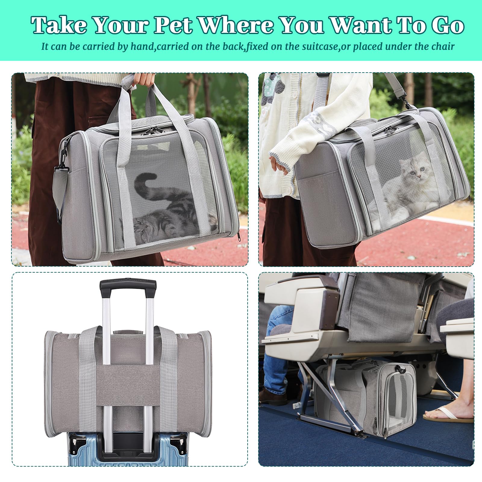 Bolsa Sprifityy 45 * 30 * 30 cm Transportín Gato Transpirable Plegable, Correa de Hombro Ajustable y Colchón Suave, para Perros Pequeños, Gatos, Viajes (Gris)