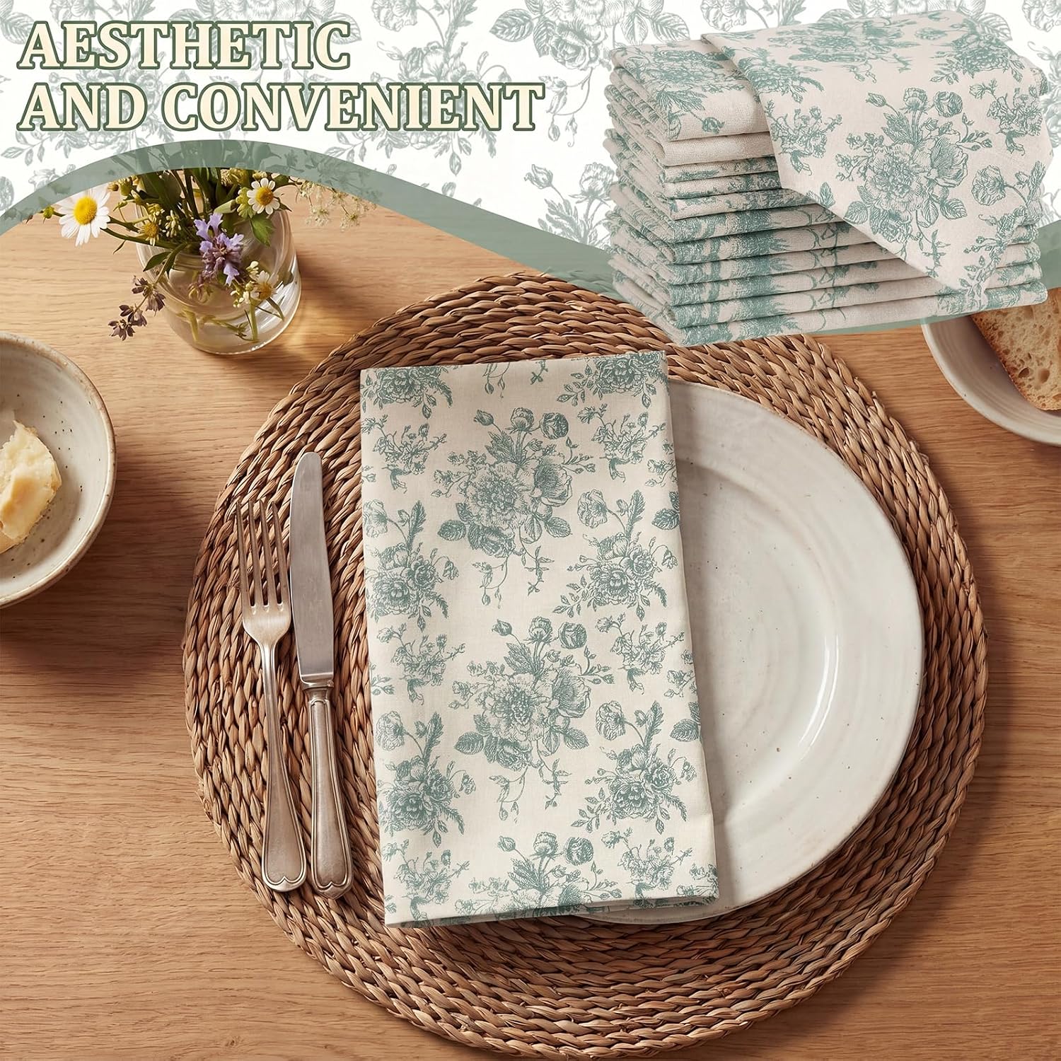 Mindsoft Sage Green Floral Linen Napkins (Set of 12) -18x18 Inch Linen Dinner Napkins - Reusable Washable Cottagecore Decor for Weddings & Parties