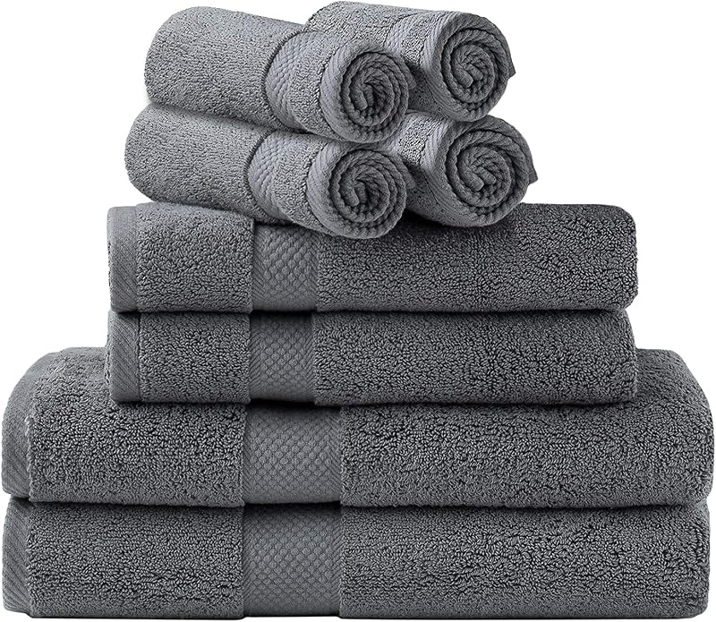 Towel Set, 2 Bath Towels, 2 Hand Towels, and 4 Washcloths (8 Piece Set), Ring Spun Cotton Highly Absorbent Towels for Bathroom, Shower (Gray)