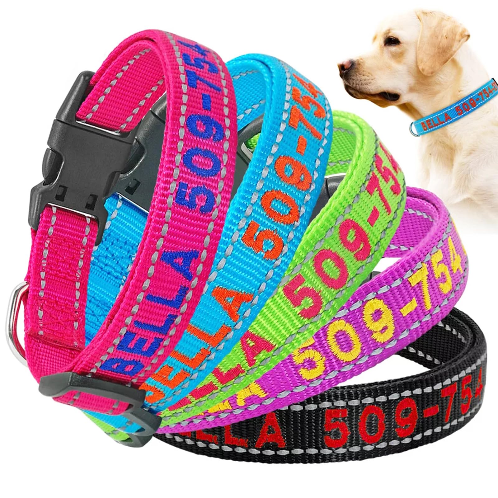 Personalized Reflective Dog Collars, Embroidered Name & Phone Number, D-Ring Quick Release Buckle, Soft Nylon Personalized Adjustable Pet Collar 4 Sizes for Large Medium Small Dogs