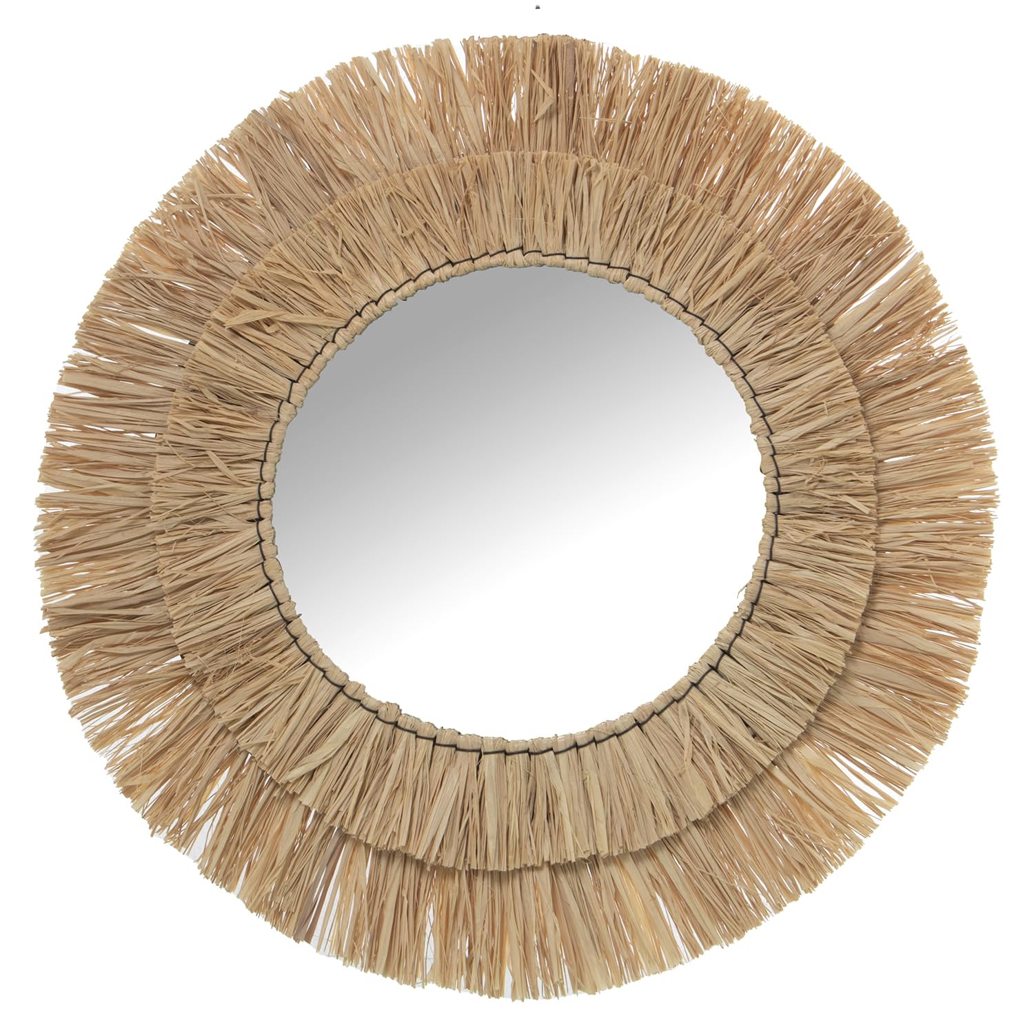 DRW Espejo de Pared Redondo de Rafia en Natural 57x57x2 cm