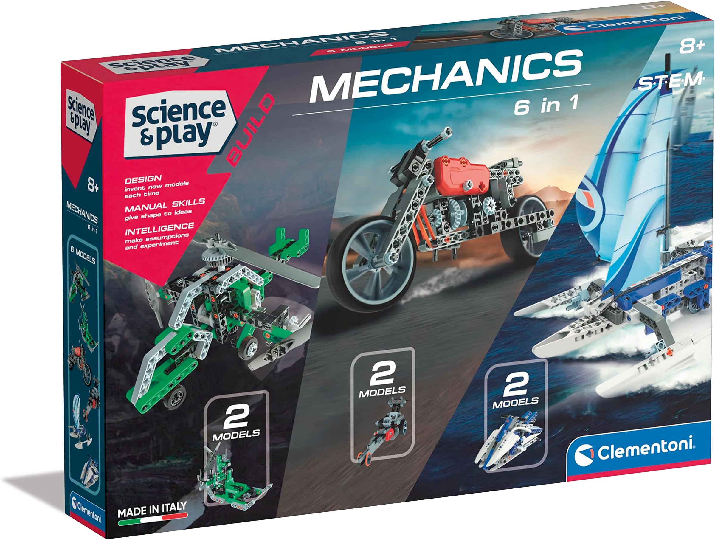 Clementoni 97861 Science and Play 6 in 1 Construction Toy, 6 Models Building Set for 8 Years, Mechanics Laboratory-Made in Italy, Ch, Multi-Coloured