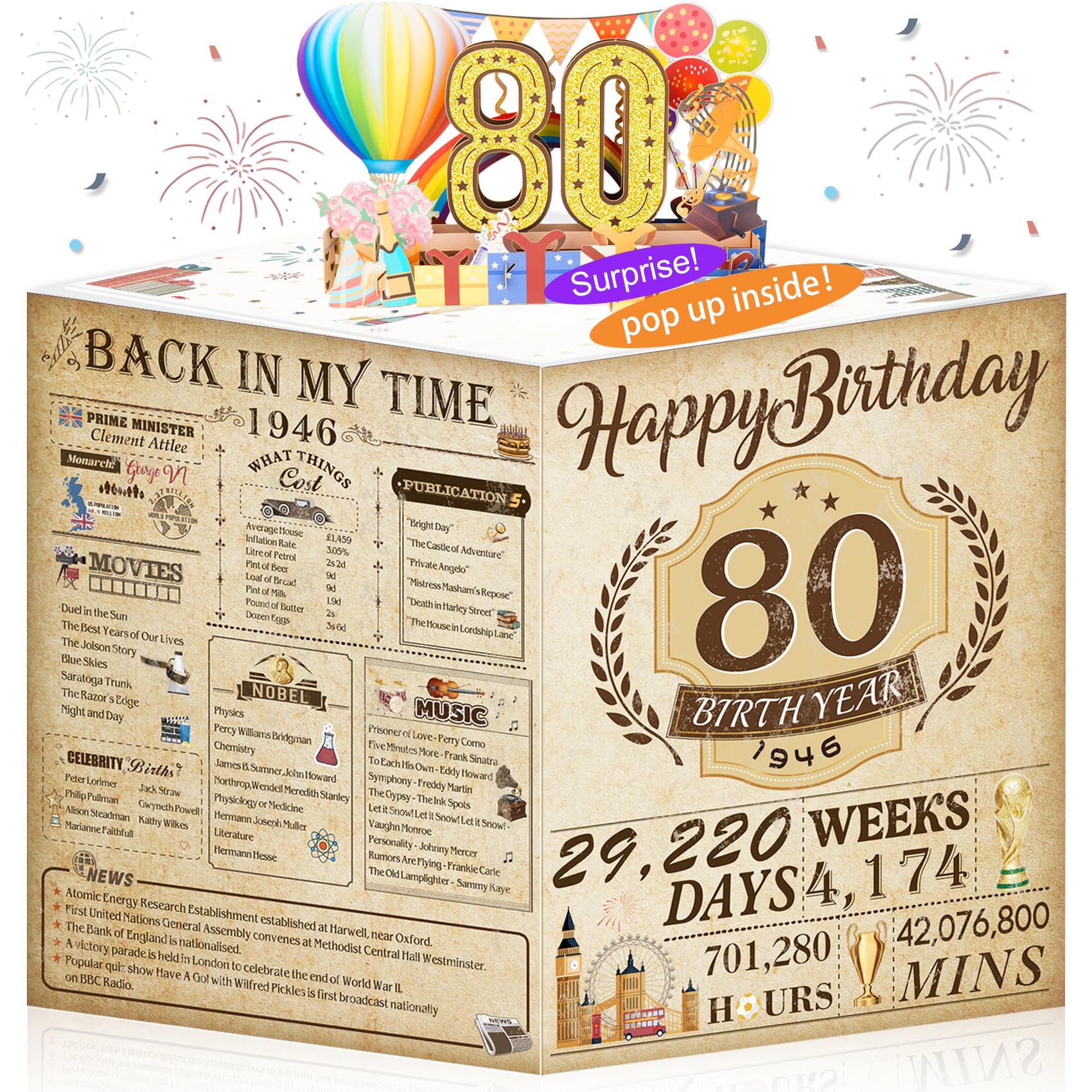 80th Birthday Cards Funny 3D Pop Up gifts with Envelope for Women Men Anniversary Party Decorations Born In 1946 Poster Vintage 80 Year Old Greeting Card for Grandma Grandad Mum Dad Husband Wife Her