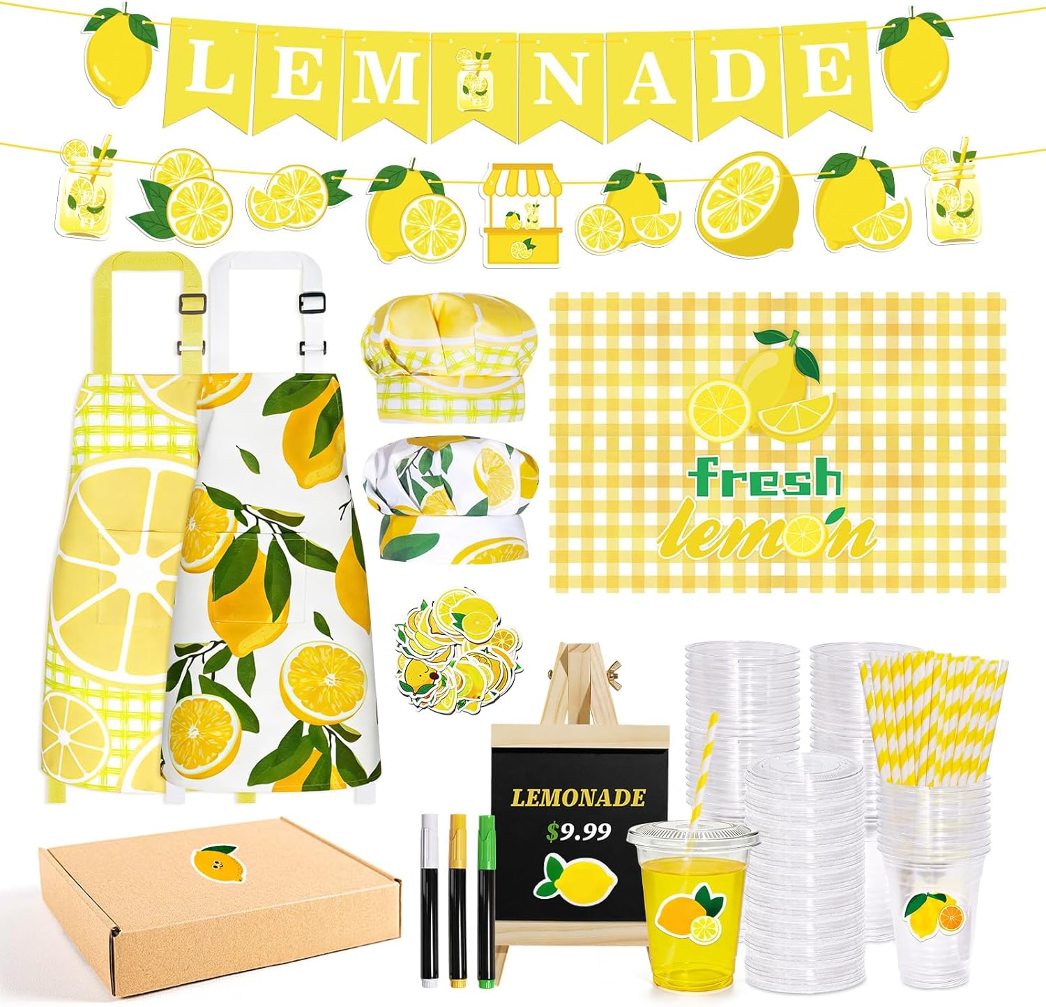 Lemonade Stand Supplies Set, 50 Beverage Cups with Lids & Straws, 2 Kids Aprons with 2 Chef Hats, Wooden Blackboard with 3 Chalks, Lemon Banner, Tablecloth & Stickers Summer Lemonade Stand Party Decor