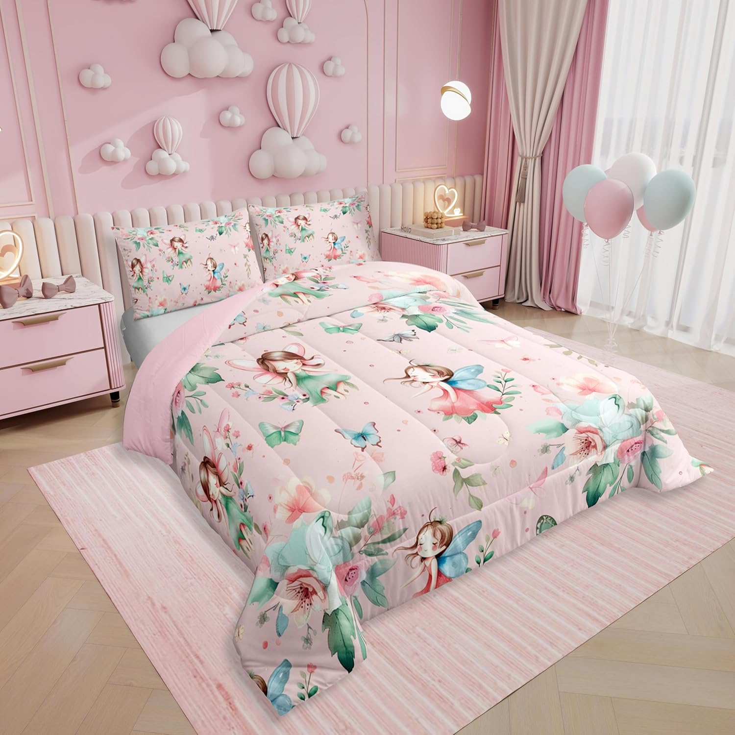Erosebridal Fairy Garden Twin Bedding Set - Butterfly & Floral Comforter Set for Girls Kids, Pink Green Flowers Fairies Quilt | Aesthetic Flower Cute Bedroom Decor with 1 Pillowcase