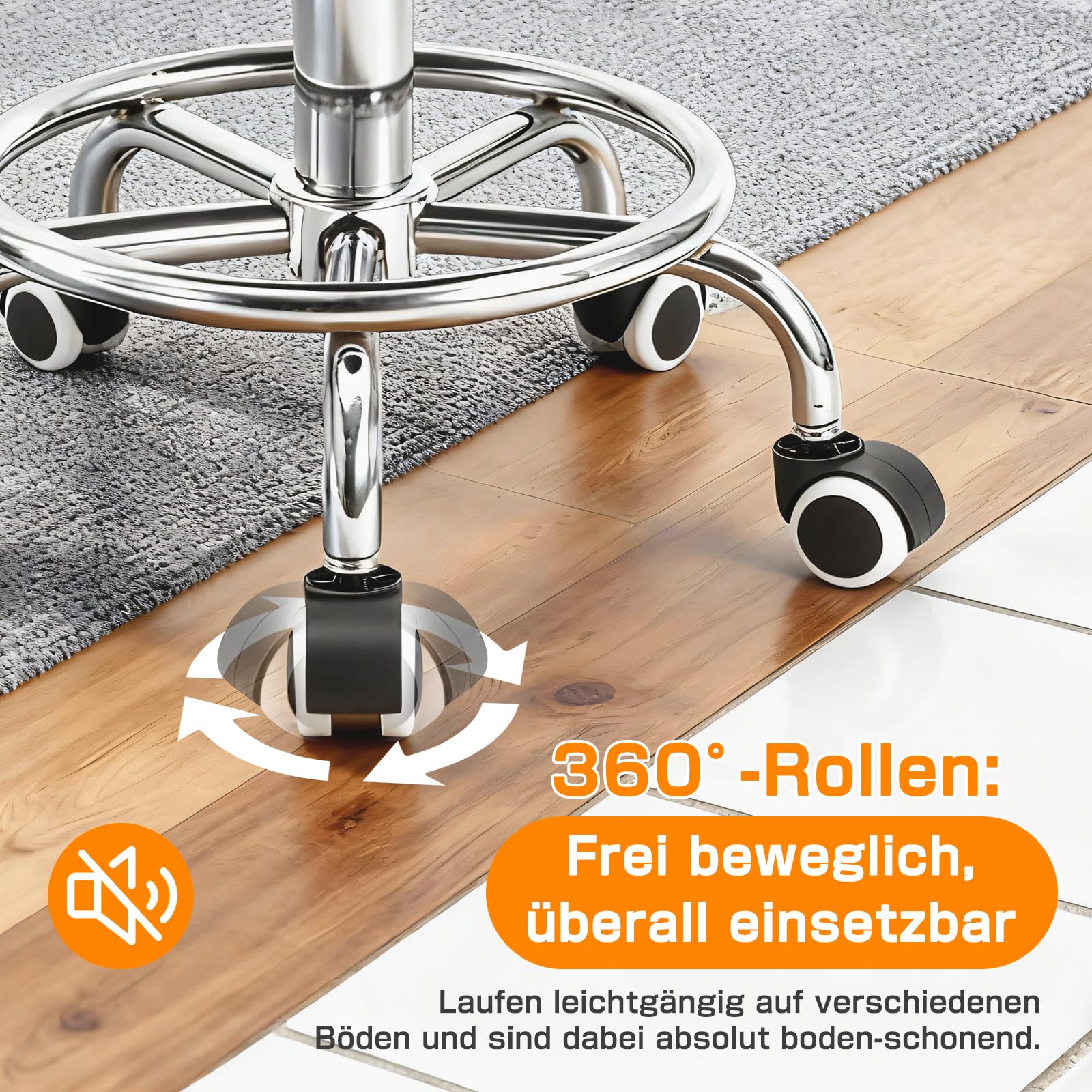 Sattelhocker mit Lehne – 360° drehbarer Hocker mit Rollen und verstellbarer Fußstütze | Sattelhocker mit Rollen höhenverstellbar 49-61 cm | Ideal für Büro, Salon und Kosmetik als Rollhocker (Weiß)