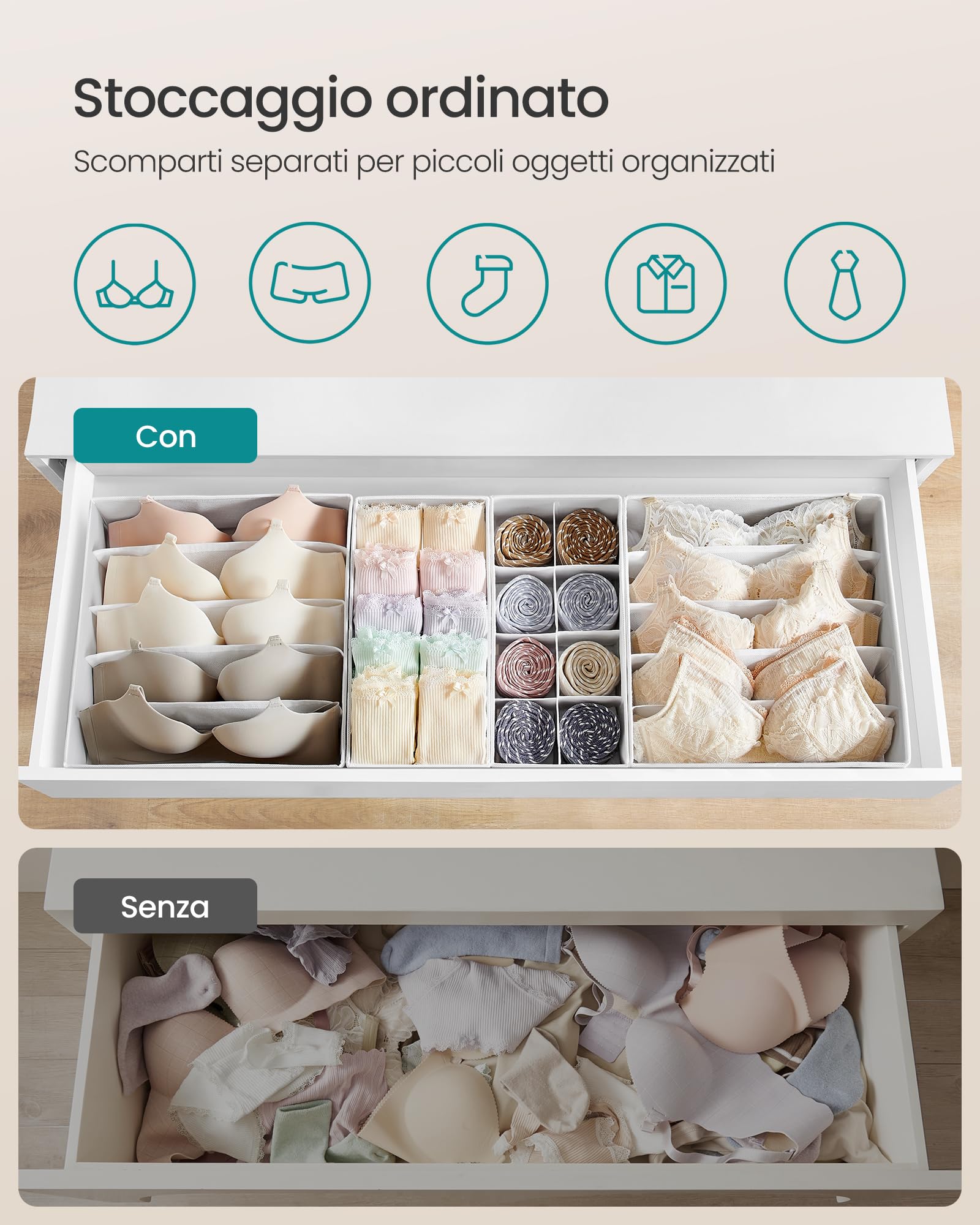 Sollbry Organizzatore Portaoggetti Per Biancheria Intima, Calzini E Cravatte Con Coperchio 30 Scomparti Pieghevoli Per Cassetti Dellarmadio Contenitore Portaoggetti Per Sciarpe E Lingerie 30 Scomp 84653435