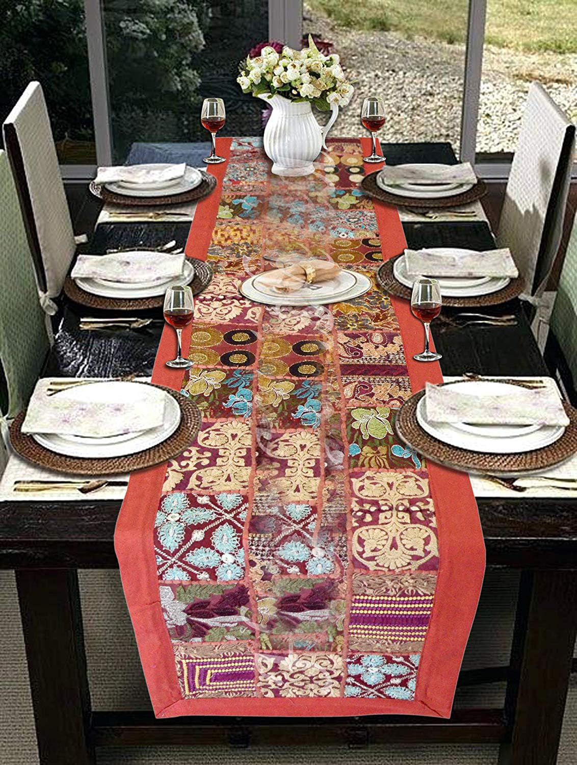Camino de mesa de retazos indios, mantel rectangular de algodón, manteles bordados, camino de mesa de comedor, decoración de mesa central