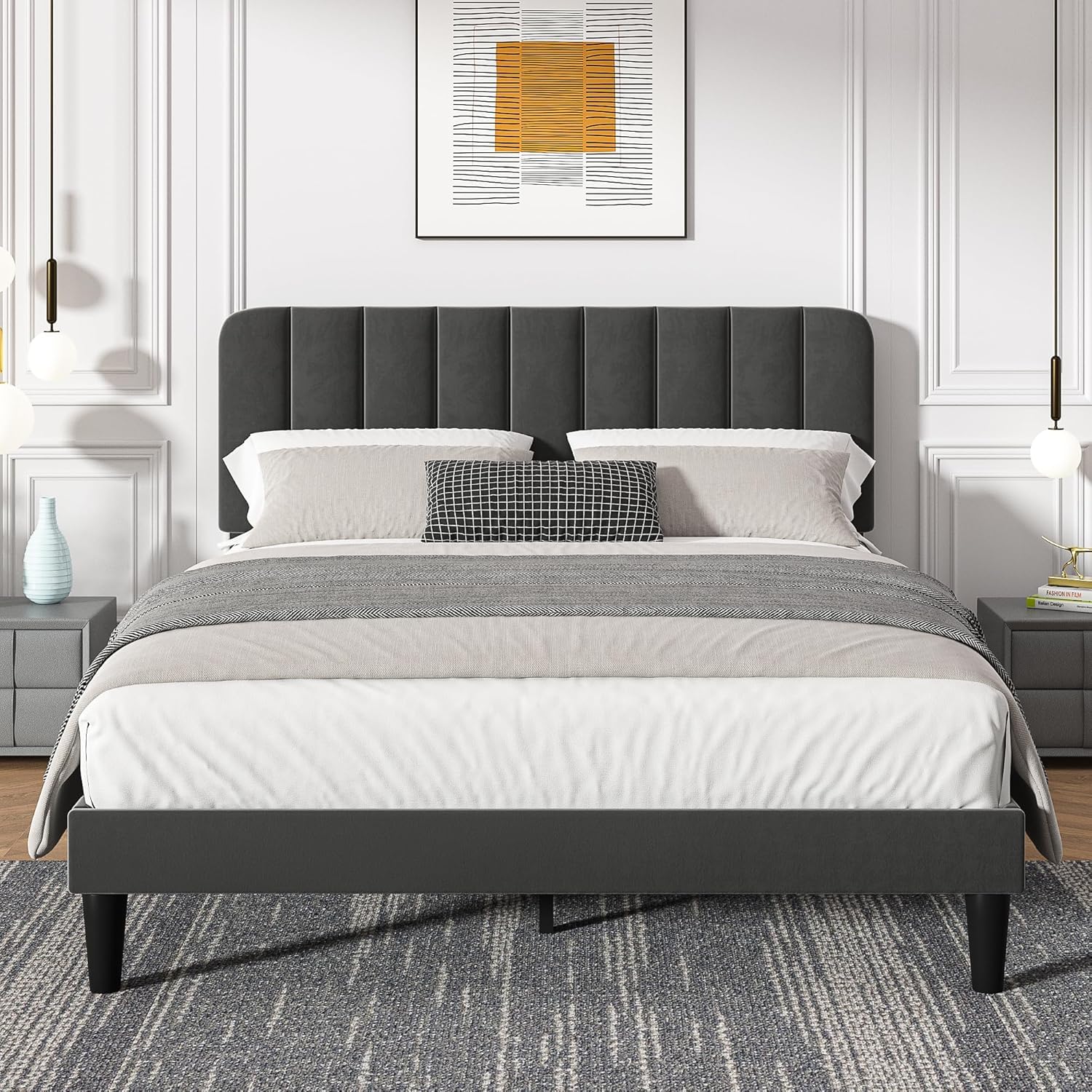 VECELO Upholstered Double Bed Frame with Velvet Headboard, 135 × 190 cm Platform Bed with Wooden Slats Support, Noise Free, No Box Spring Needed, Easy Assembly, Grey