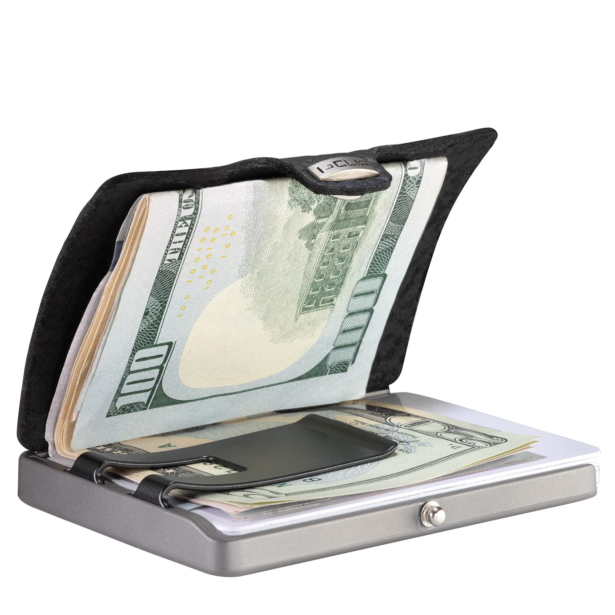 I-CLIP Titan Premium Herren Geldbörse - Slim Wallet mit Geldklammer - Edles Mini-Portemonnaie für 10 Karten - Ultraleicht - Schwarzes Echtleder - Satinierter Rahmen