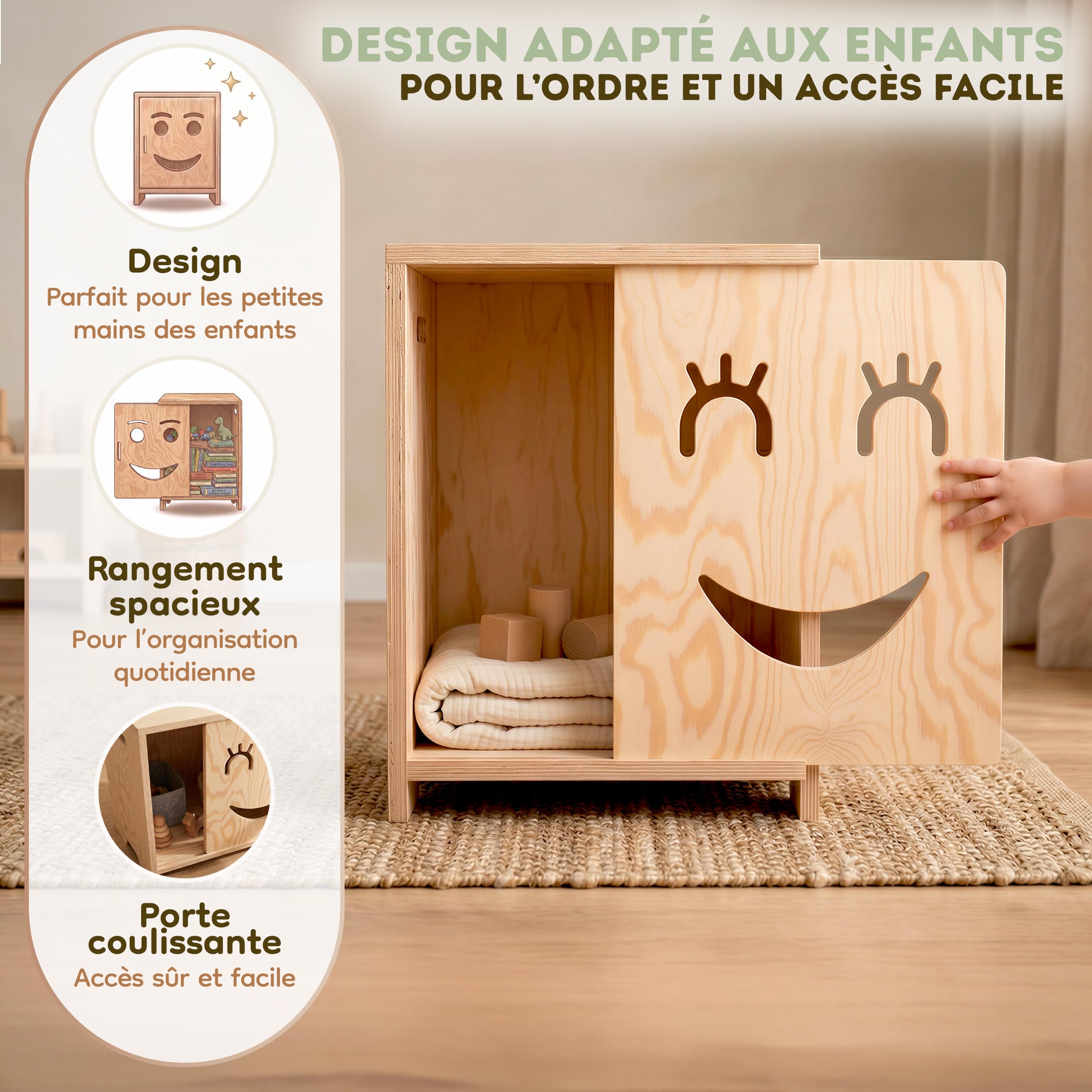smartwood Table de Chevet Enfant - Table de Nuit Montessori en Contreplaqué de Pin Certifié FSC - Design adapté aux Enfants, Construction Stable & Montage Facile - KAPI 3P