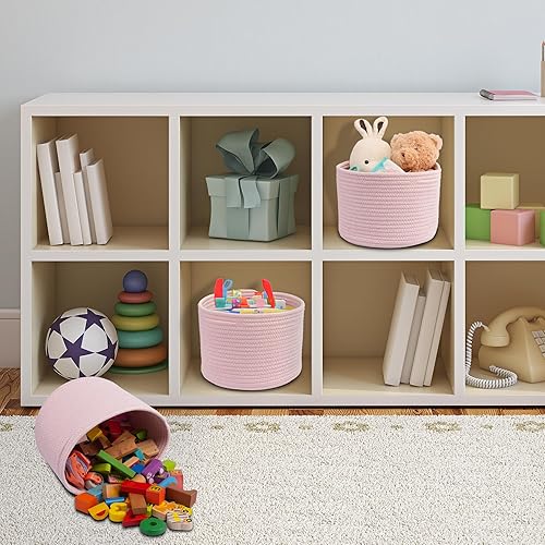 Miniatura 5 de Cestas de almacenamiento de cuerda de algodón tejida, paquete de 3 contenedores redondos (10 x 10 x 7 pulgadas) para estantes, armarios y