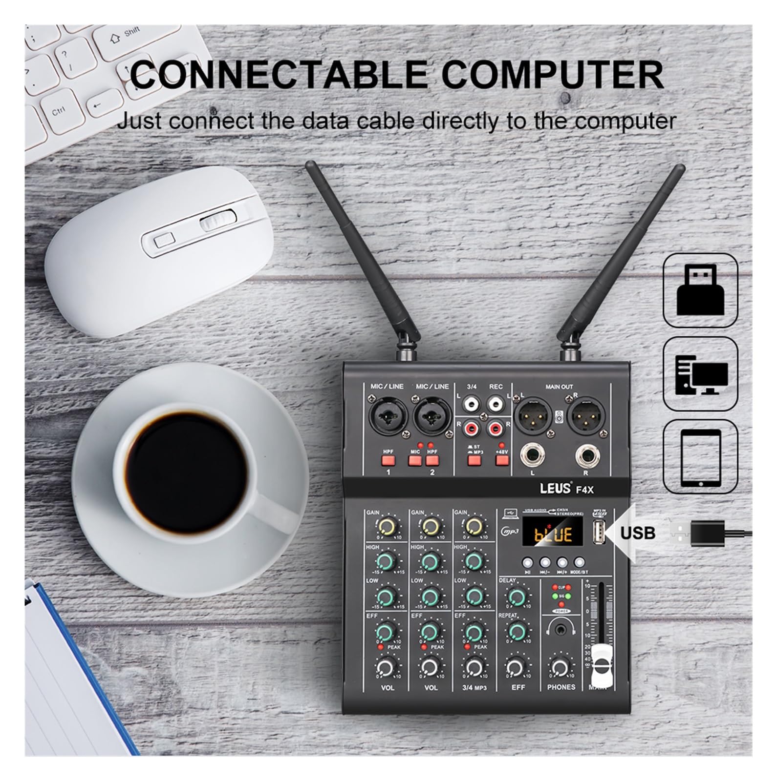 Mixer per DJ, F4X Mixer a 4 canali con Doppio Microfono Wireless UHF Console DJ Mixaggio for la Registrazione in Studio di PC for Feste