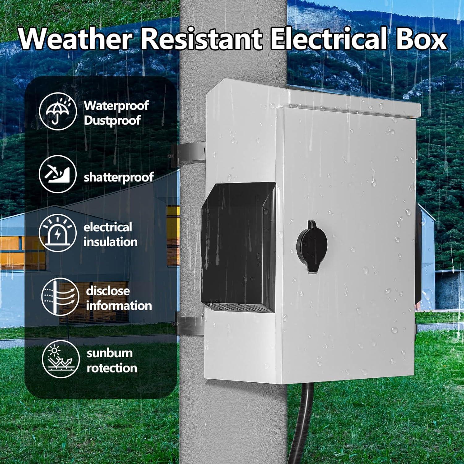 outdoor electrical box with thermostat and fan, cold-rolled steel plate, aluminum alloy back beam, one-piece ventilation design, ip65 waterproof, wall/pole mounted. (15.7" x 11.8" x 5.9")