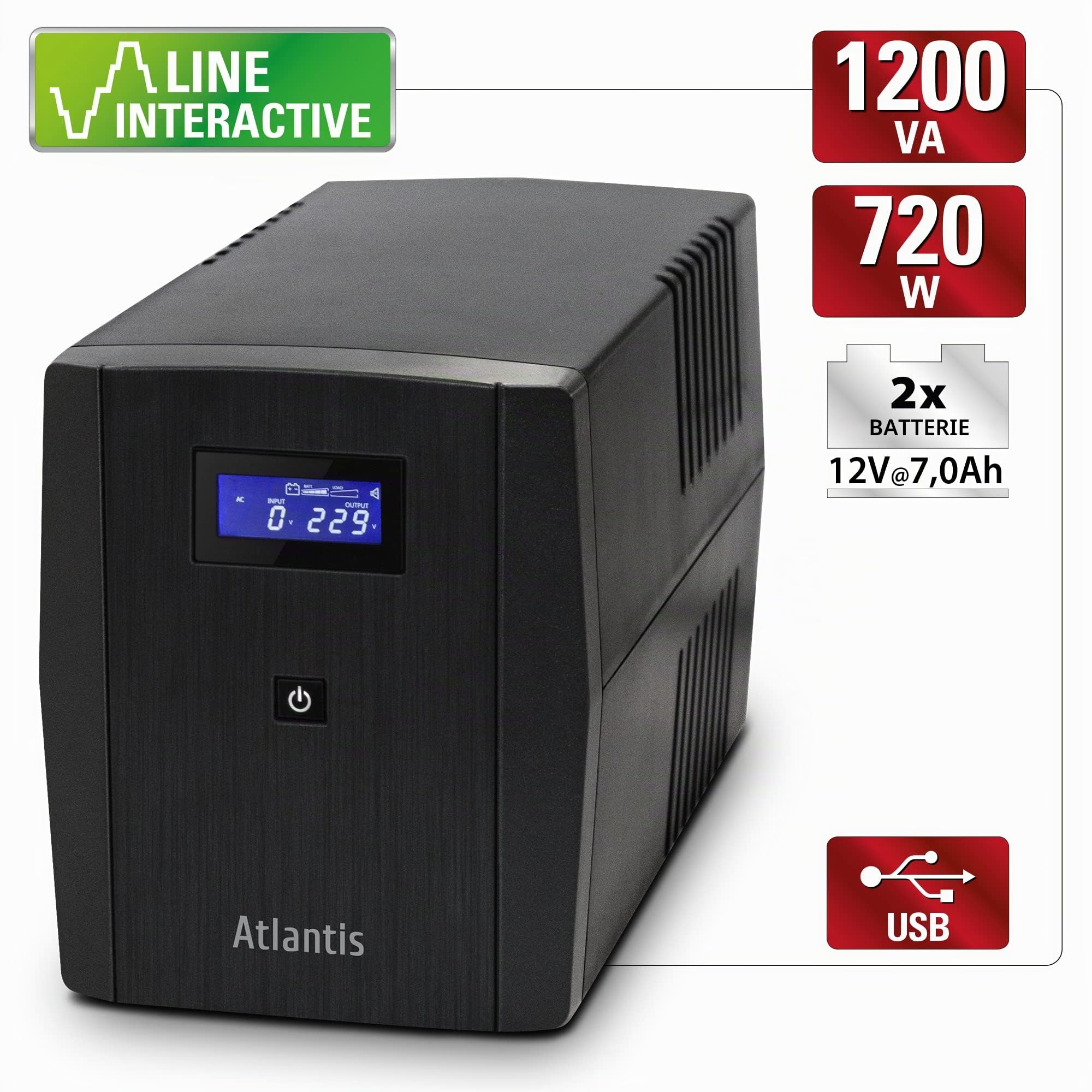 Atlantis OnePower 1200, USV Line Interactive 1200VA/700W, AVR, PseudoSinuswelle, 3 IEC-Steckdosen + 2 Schuko-Steckdosen, 2 Batterien 12 V 7 Ah