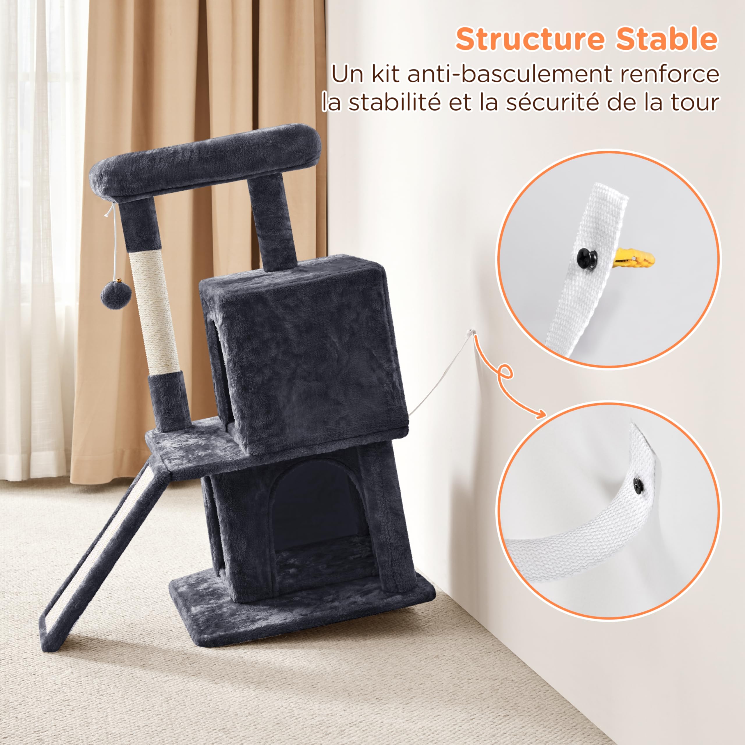 Yaheetech Arbre à Chat avec Griffoir et Poteaux en Sisal Centre d'activités 2 Niches 1 Boule de Peluche et 1 Platforme 49 x 45,5 x 91 cm Gris Foncé