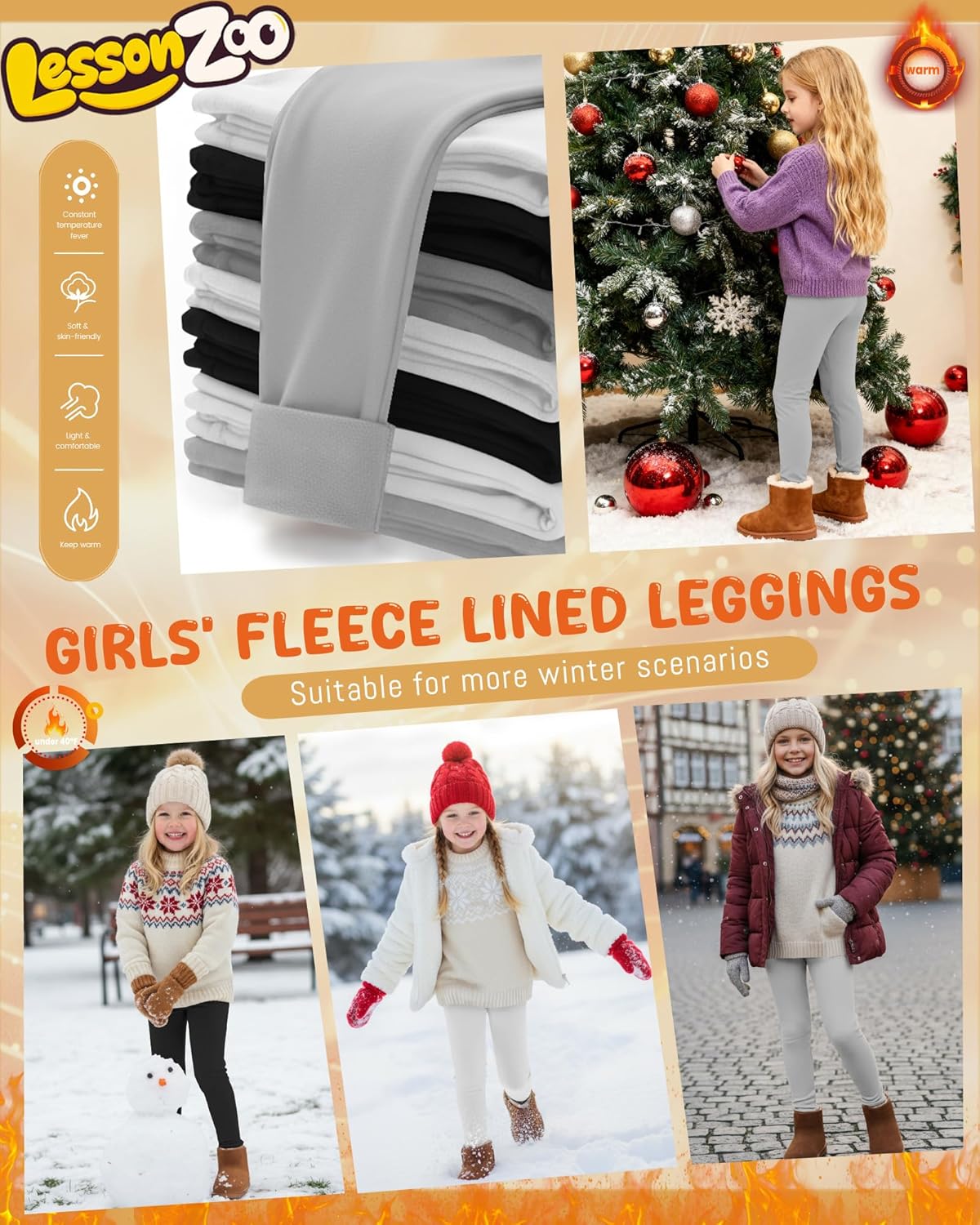 3 Pack Girls' Fleece Lined Leggings, Winter Thermal Pants Tight Stretchy Full Length Pants for Kids Aged 3-11 - Image 3