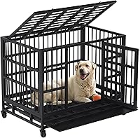 Shintenchi 48-Inch Heavy Duty Indestructible Dog Crate for Large Breeds - Escape-Proof with Lockable Wheels, Double Doors & Removable Tray, Black