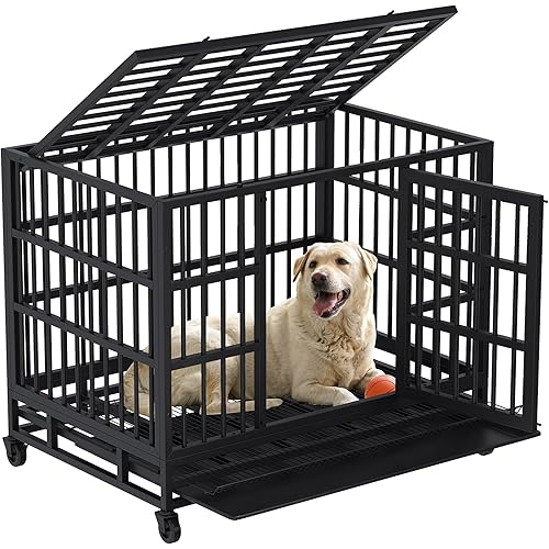 Shintenchi 48 inch Heavy Duty Crates for Large Dog, Indestructible and Escape-Proof Cage Kennel with Lockable Wheels, Double Door High Anxiety with Removable Tray, Black