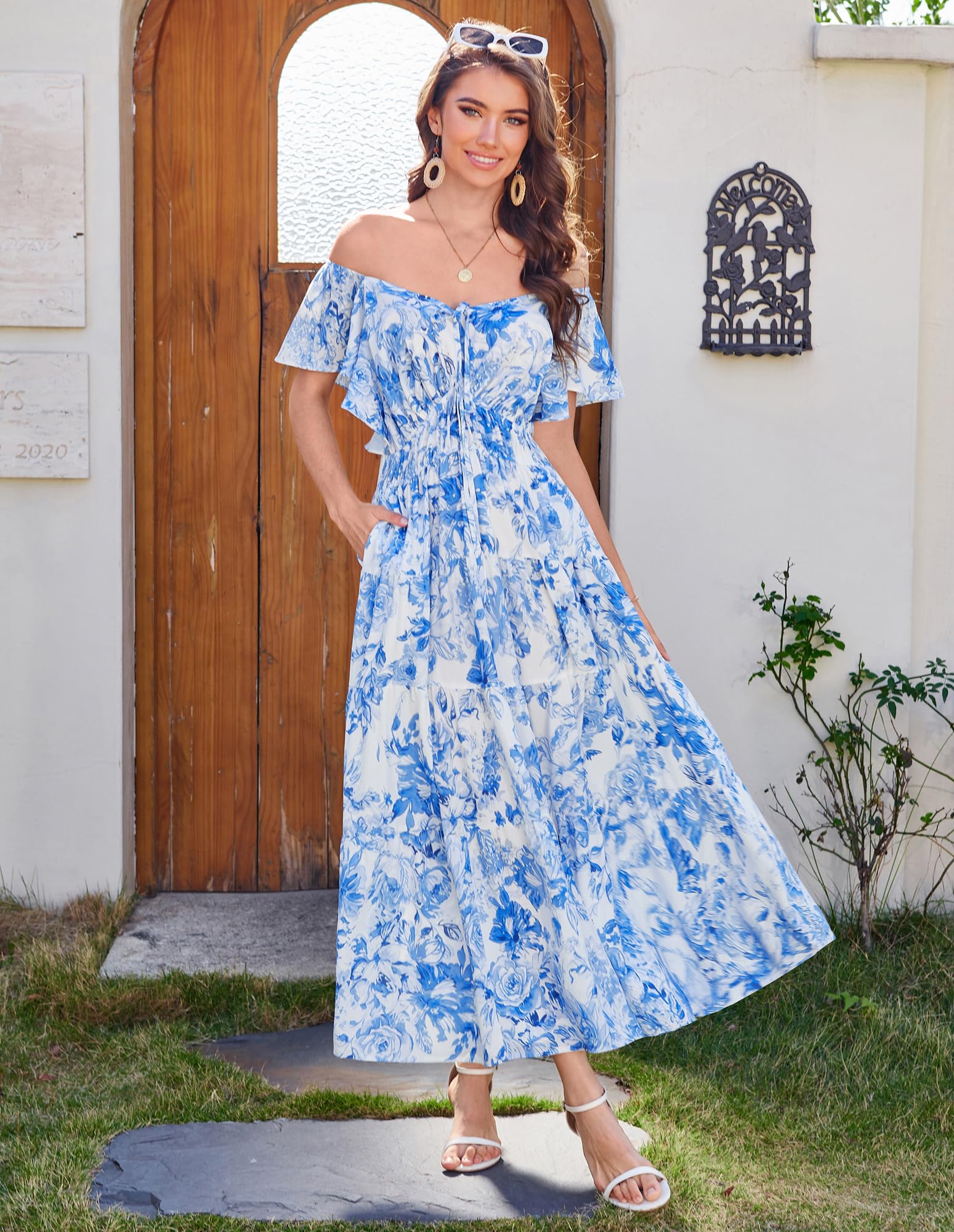 GRACE KARIN Maxi abito estivo da donna, casual, elegante, floreale, con volant, spacco, linea A, abito da sposa con tasca