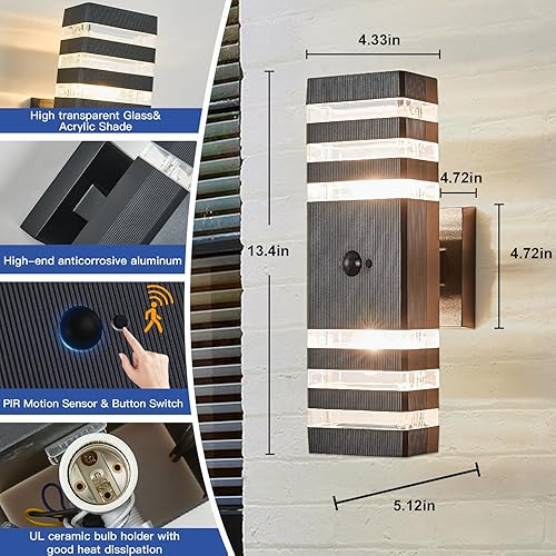 Miniatura 4 de Paquete de 2 lámparas de pared con sensor de movimiento para exteriores, luces de porche arriba y abajo, modernas luces de atardecer a amanecer,