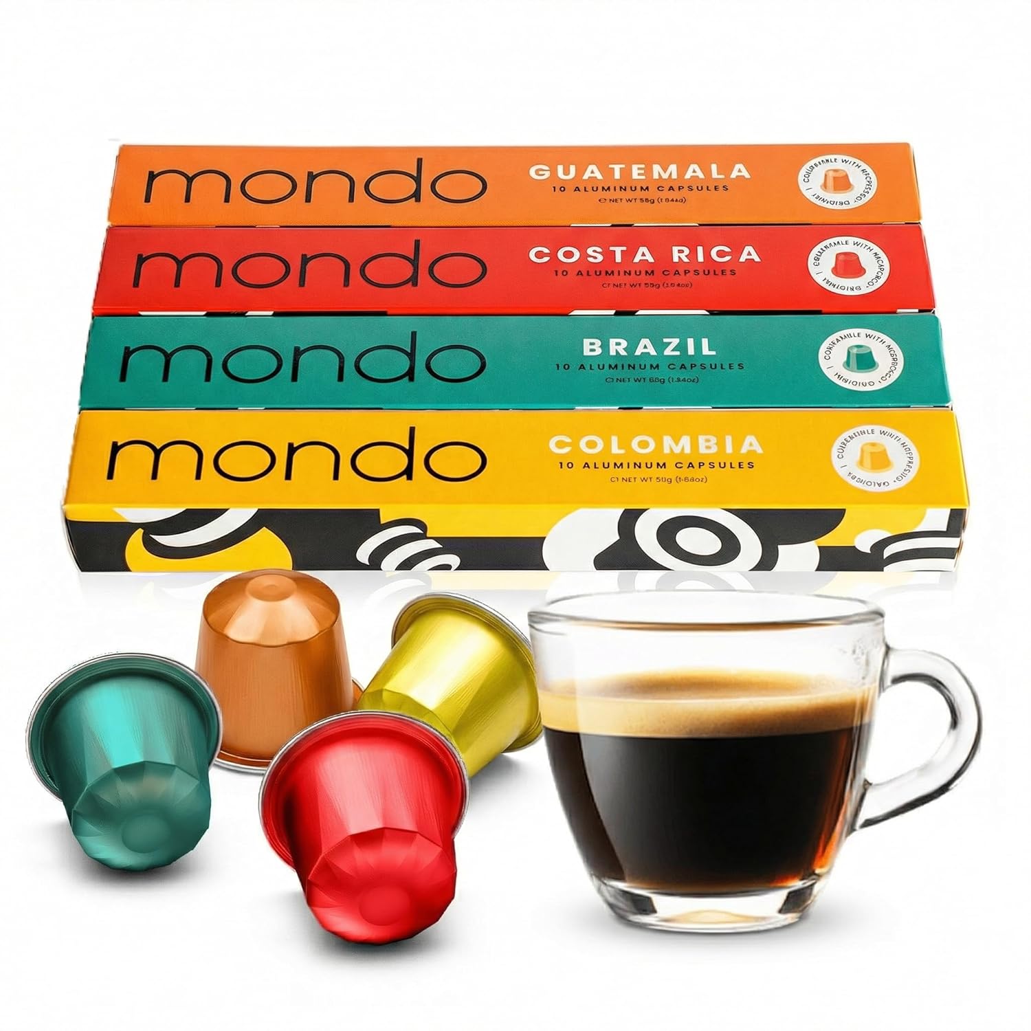 Mondo Coffee Nespresso Compatible Capsules, USDA Organic 40-Pack, Aluminum Pods, 4 Origins Variety Pack (Brazil, Colombia, Costa Rica, Guatemala), Medium Roast