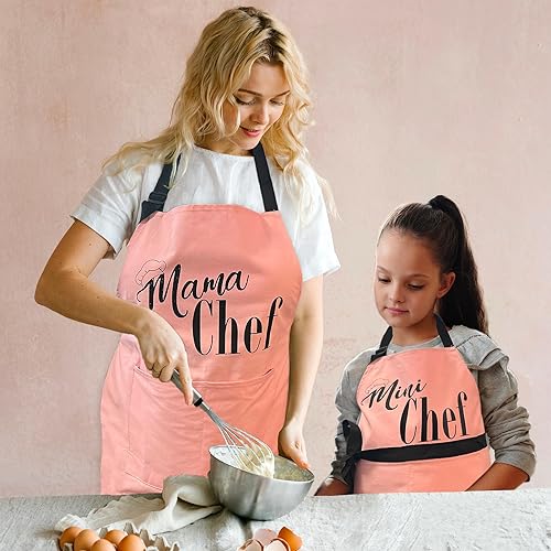 Miniatura 2 de Juego de delantales para madre e hija  (2 piezas) Mama Chef Plus Mini Chef Delantales a juego  Delantales de cocina ajustables para mamá e hijo