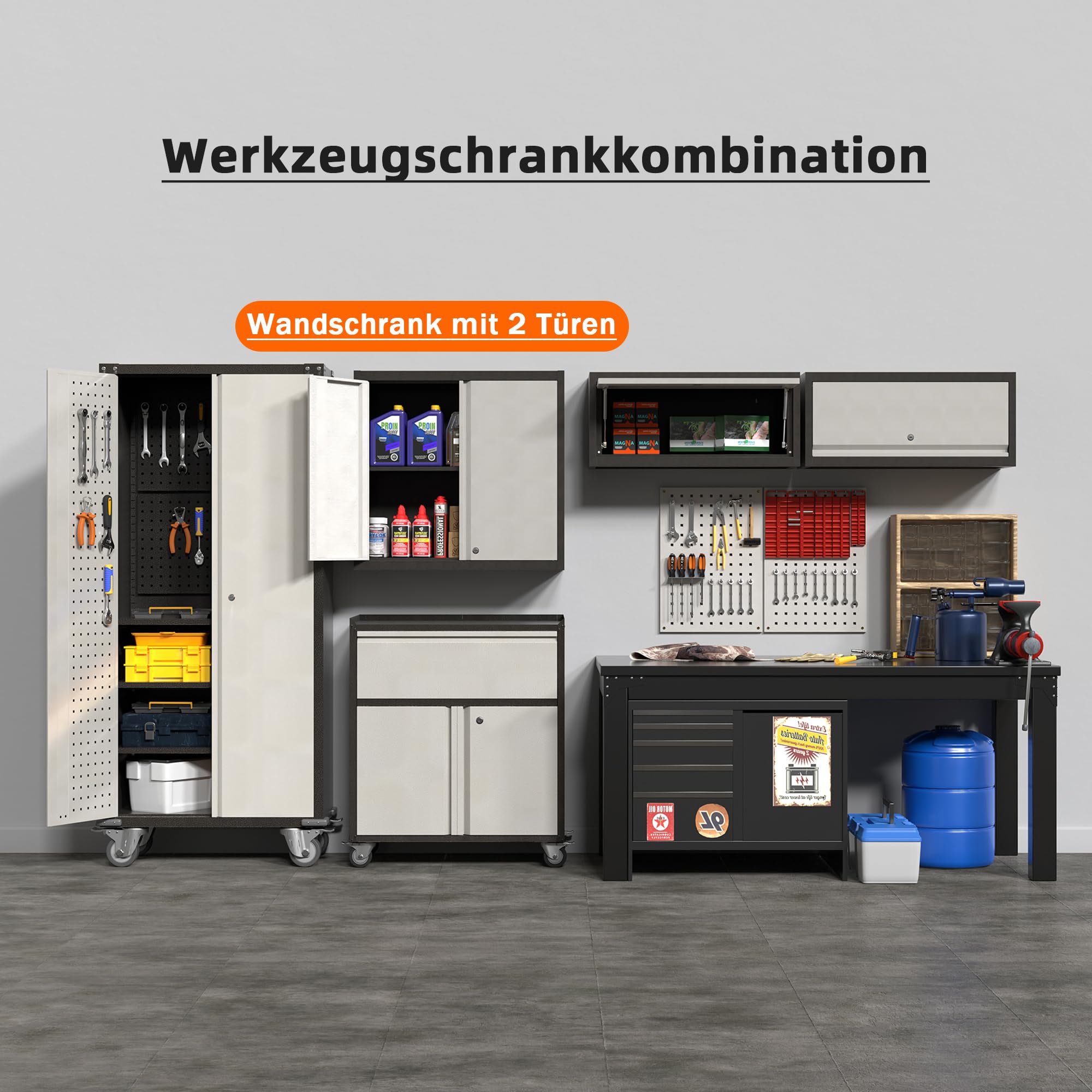 Metall-Wandschrank Werkzeugschrank, mit 1 Höhenverstellbarem Fachboden und 2 Türen, Abschließbarer Edelstahl-Wandschrank, Geeignet für Garage und Werkstatt, Größe: H66 x B66 x T30 cm