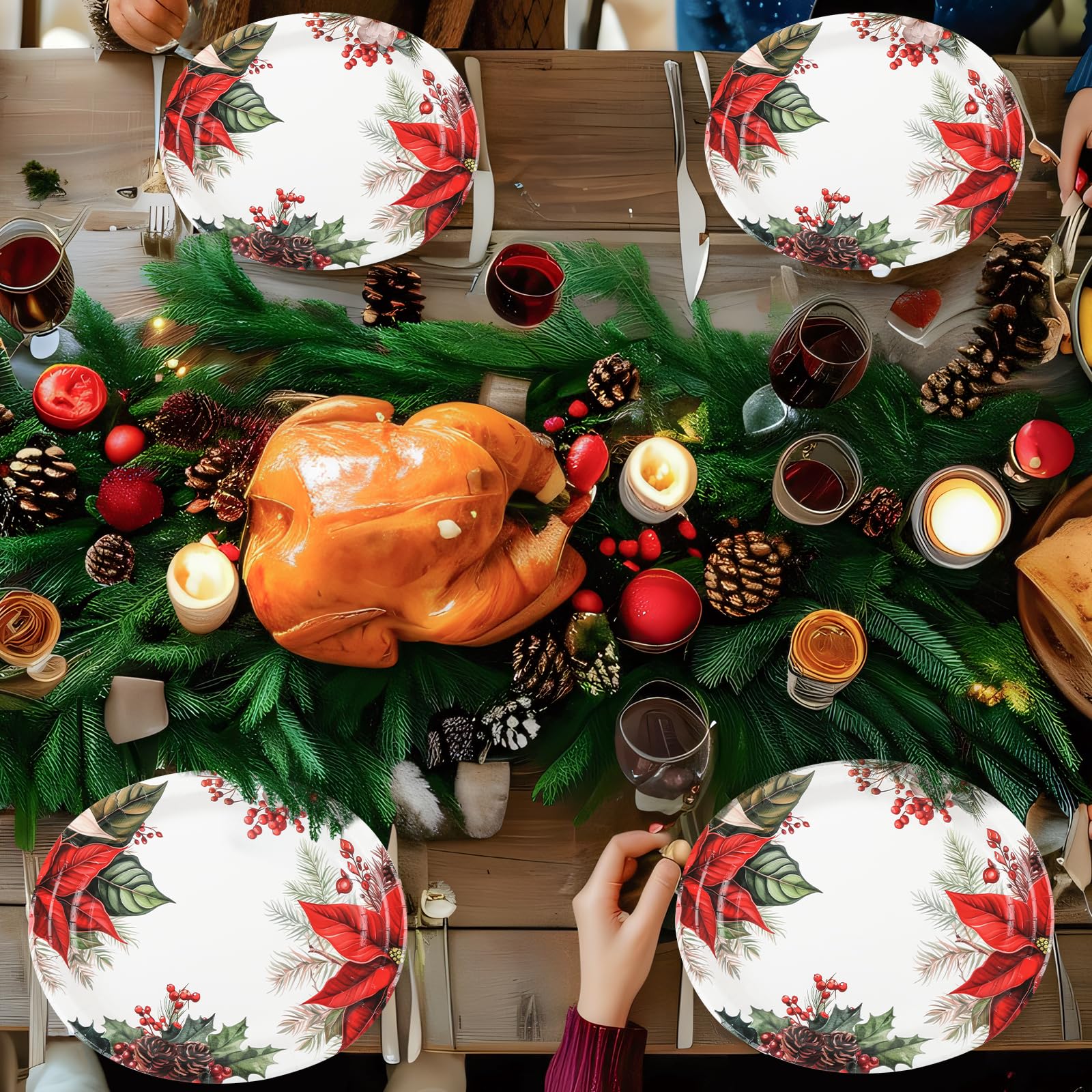 Juego de vajilla ovalada de Pascua de Navidad para 25 invitados, platos y servilletas desechables de papel floral rojo de Navidad, 50 piezas
