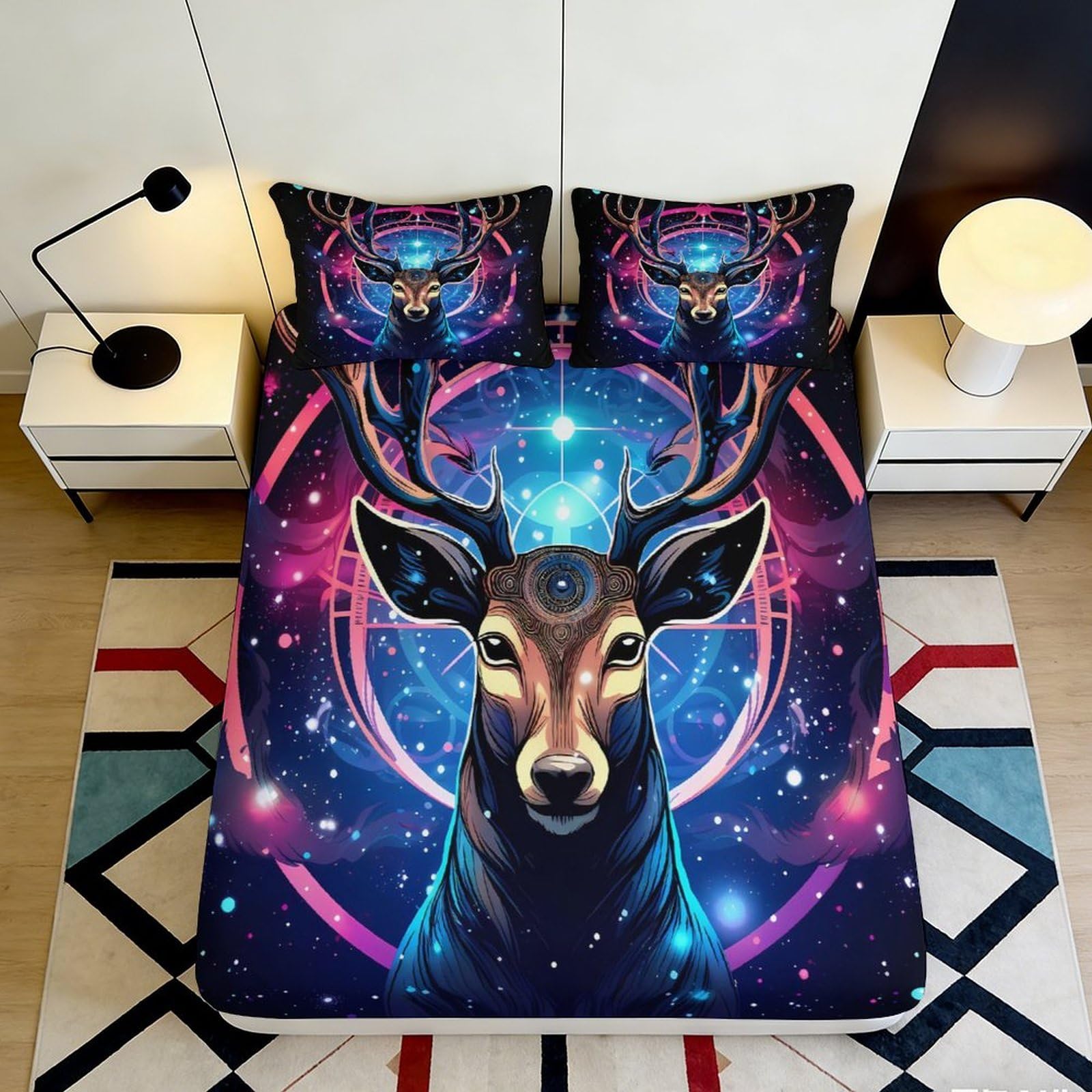 Uxinyoume Style-3 3D Printed Galaxy Starry Sky Fitted Sheet Microfiber Soft Stag Bed Cover For Bedroom Dorm Easy Care Decor 90X200x25cm