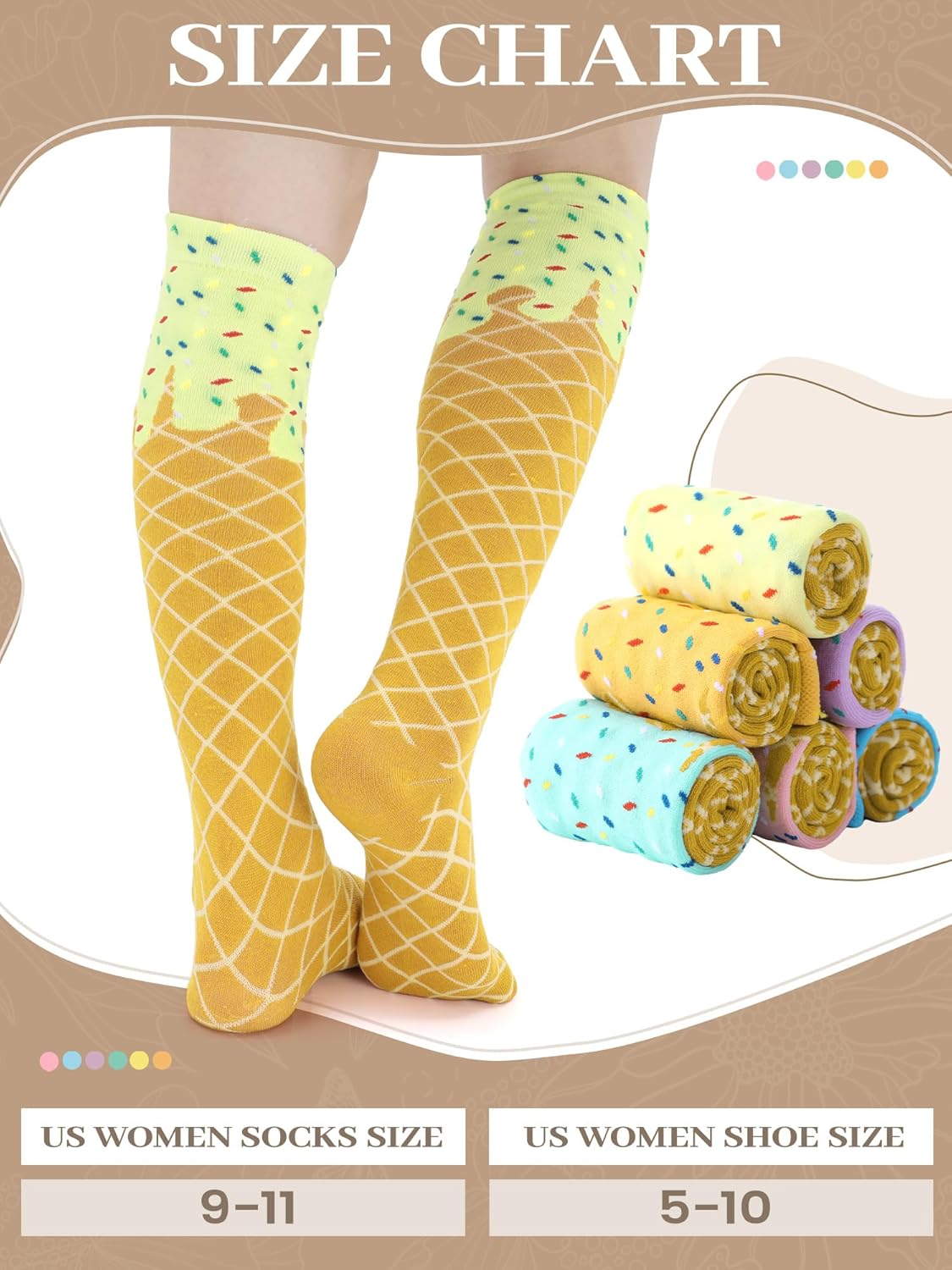 6 Pairs Ice Cream Drip Socks for Women Girls Funny Ice Cream Pattern Knee High Socks Baseball Softball Gifts - Image 5