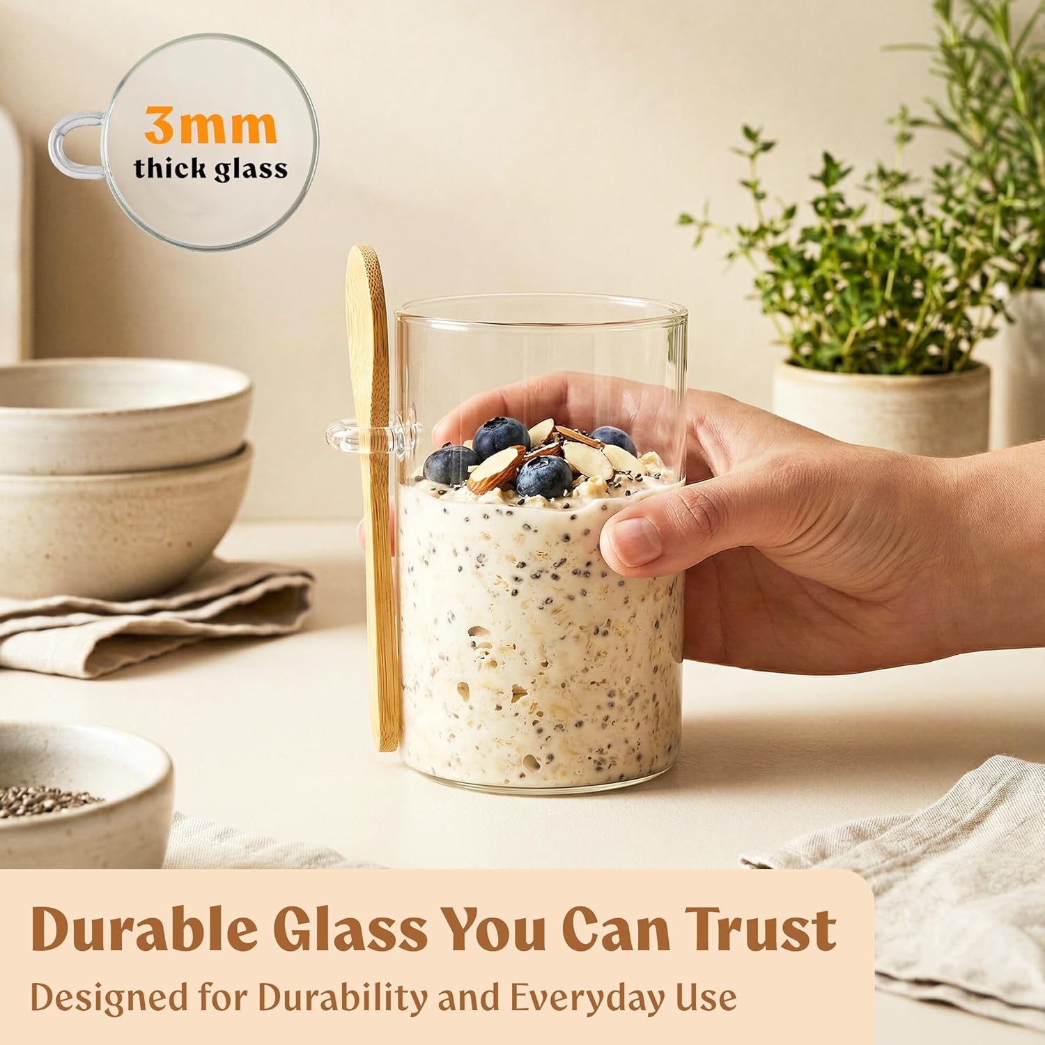 Overnight Oats Containers with Lids, Labels & Spoons (4 x 16oz) Glass Jars for Oatmeal, Meal Prep, Food Storage | Leak-Proof Mason Jars for Oats, Cereal, Yogurt, Chia Pudding [Thicker Glass 3mm] - Image 4