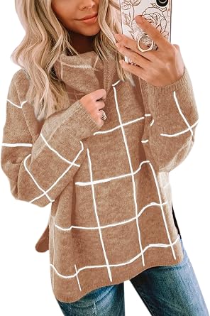 ECOWISH Women Fall Pullover Sweater Turtleneck Plaid Long Sleeve Loose Casual Chunky Checked Knit Winter Sweaters Jumper Tops